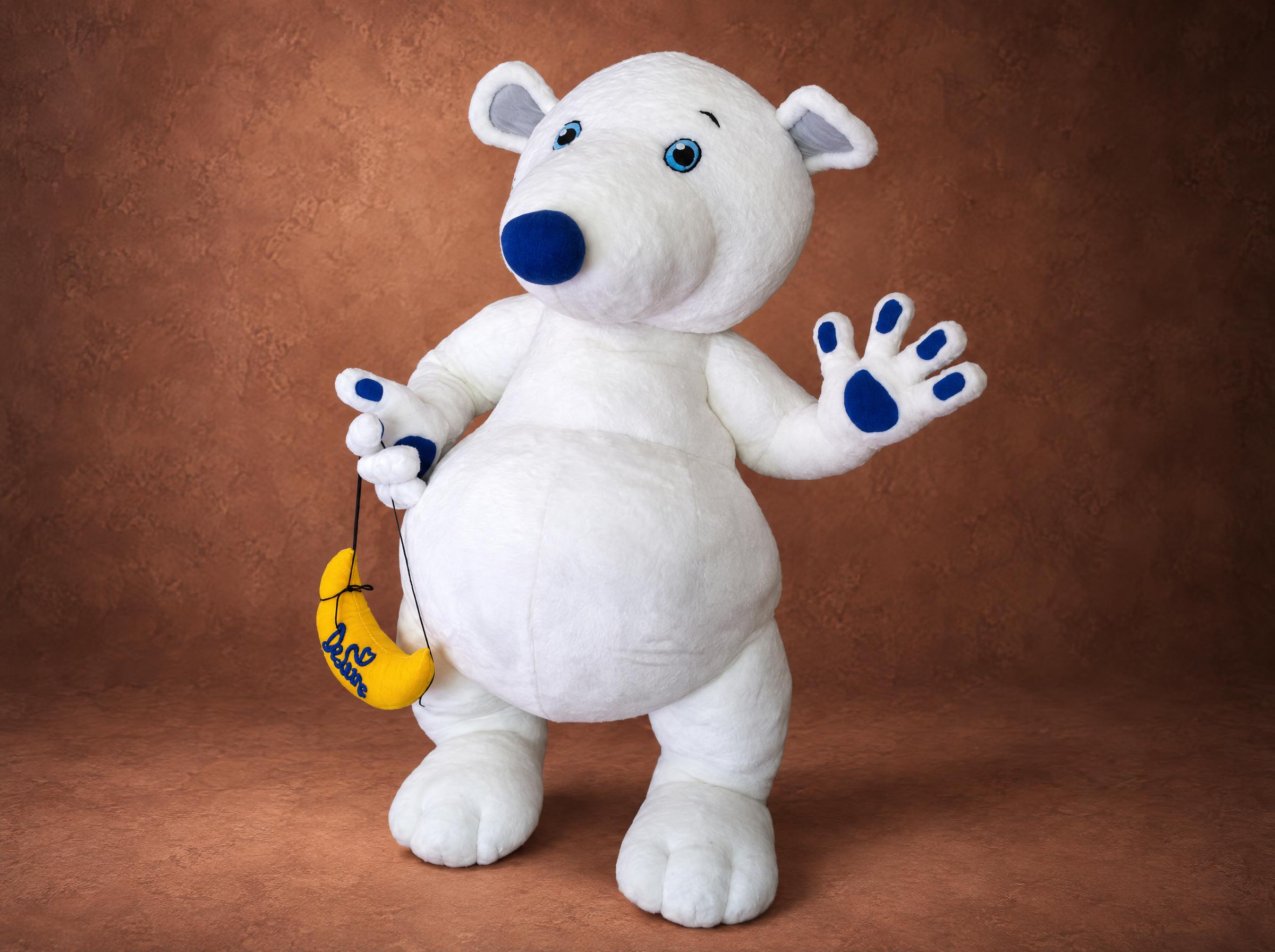 Giant teddy bear mascot in white plush with a blue nose and a yellow crescent moon, handmade to order for a brand