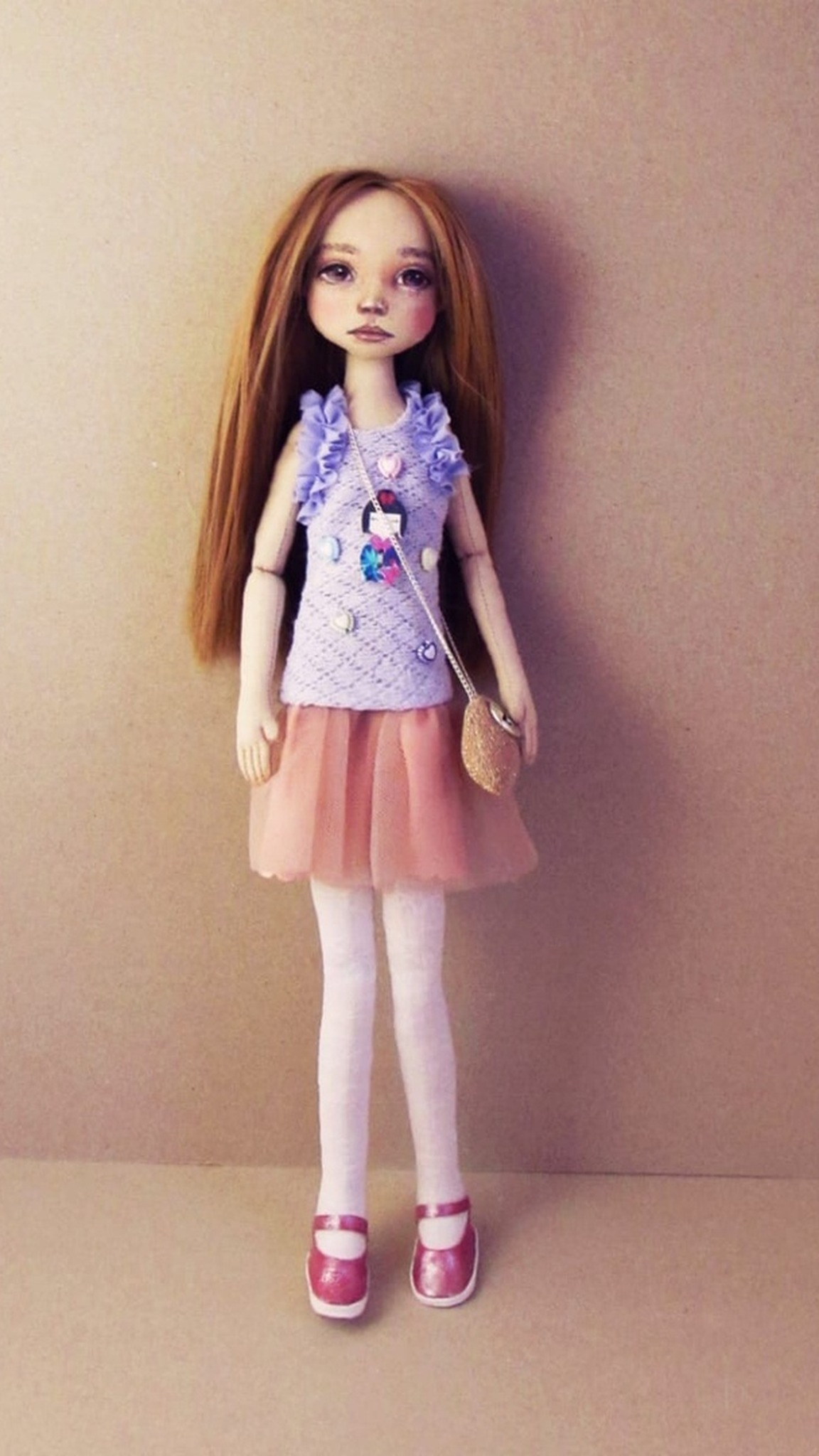 Girl portrait doll with long auburn hair, lilac ruffled top, peach tulle skirt and pink shoes, made to order