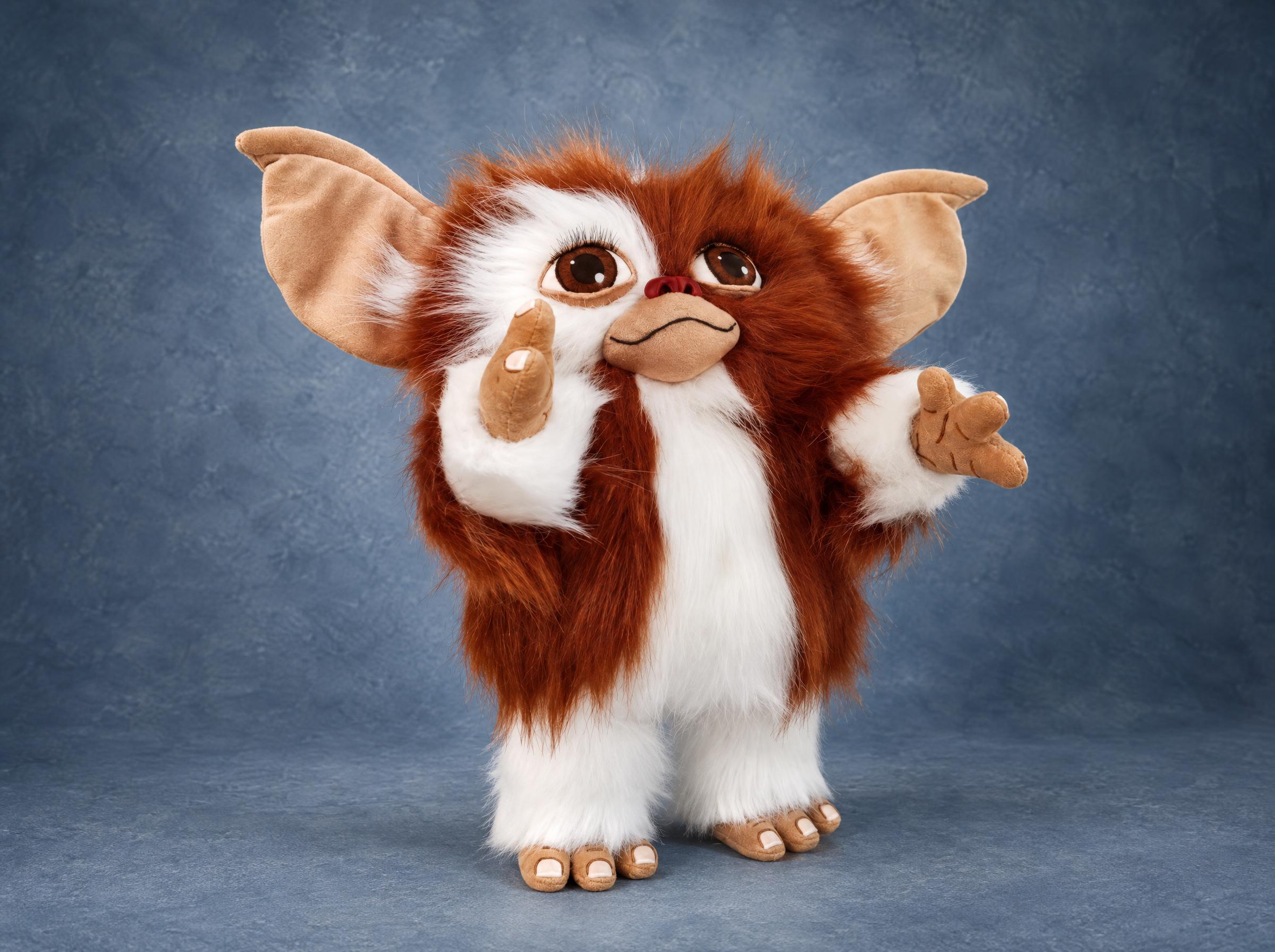 Gizmo plush from Gremlins in brown and white faux fur with wide tan ears, handmade to order