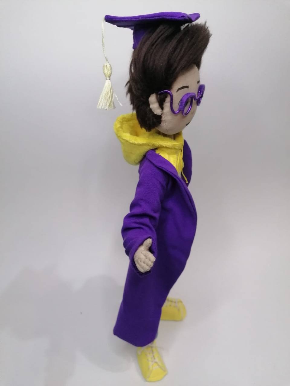 Graduation doll in a long violet gown Custom graduation doll in a long violet gown, wire glasses and tasseled cap, sewn to order as a mascot
