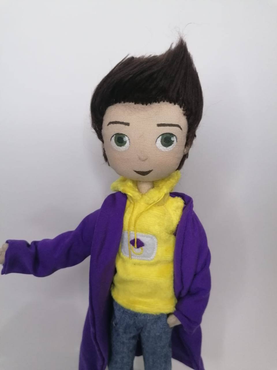 Mascot doll in a violet gown Custom mascot doll in a long violet gown and yellow plush hoodie with a chest patch, made to order