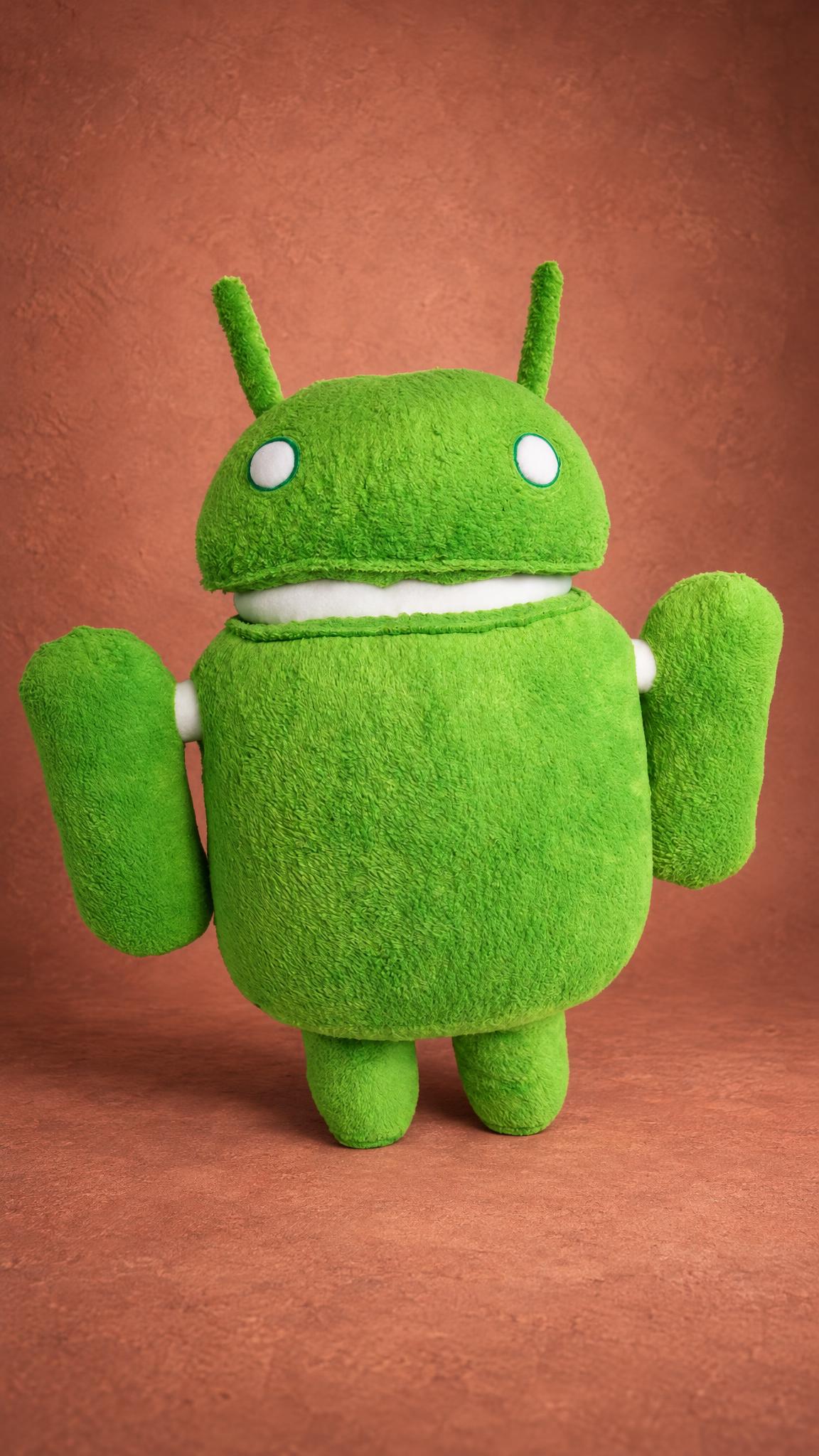 Custom Android plush: green robot toy with a dome head, white neck band and stubby legs, sewn by hand