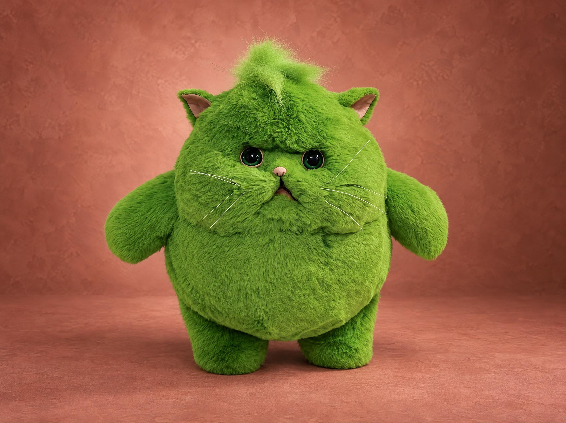 Green cat plush with a chubby round body, grumpy frown and a tuft of fur on top, handmade to order