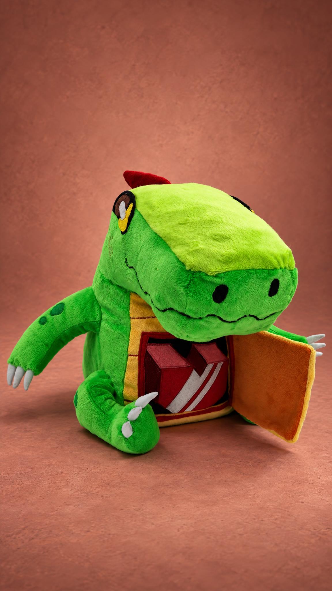 Handmade green dino plush with a red heart behind an orange belly door, a love gift sewn to order