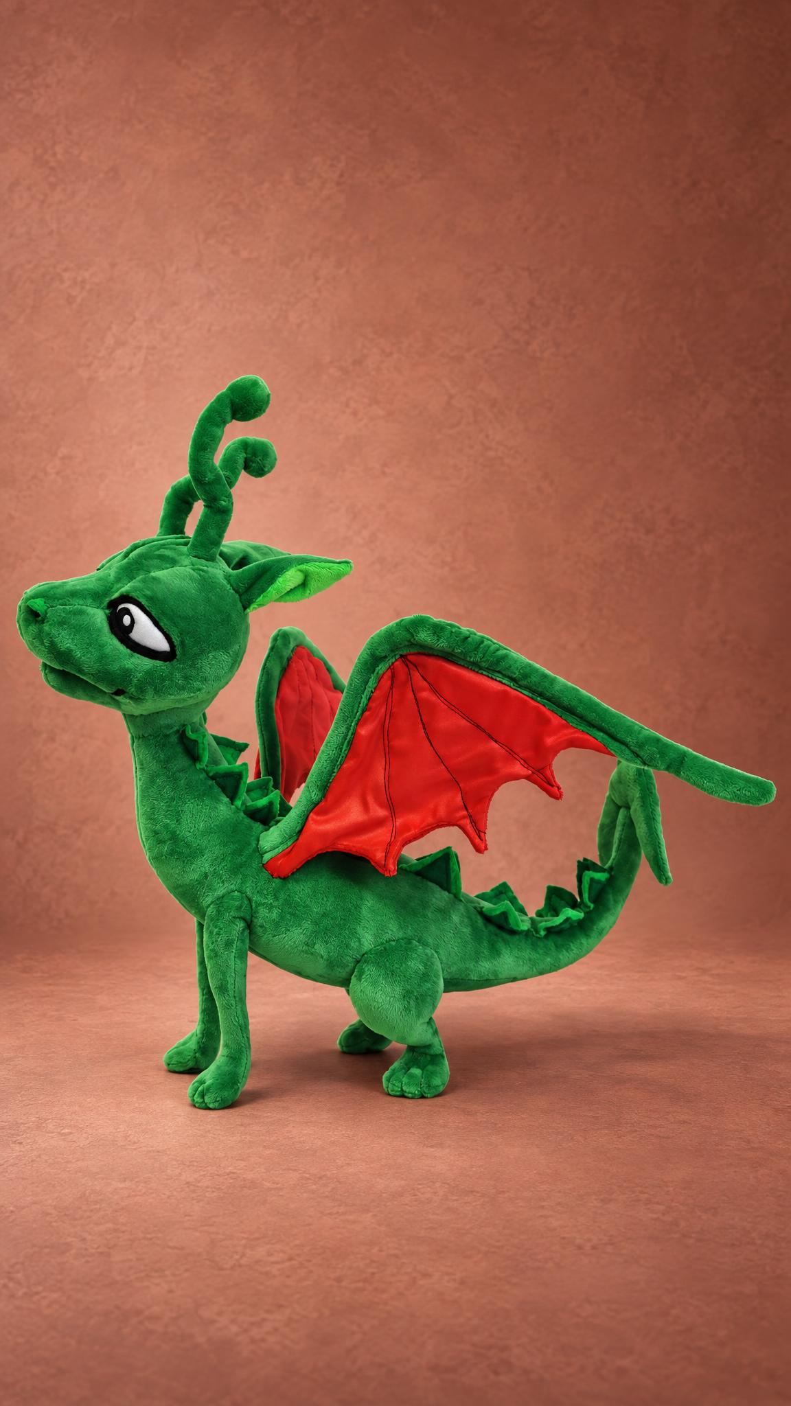 Custom green dragon plush standing on four legs, red wing lining and spiked tail, handmade to order