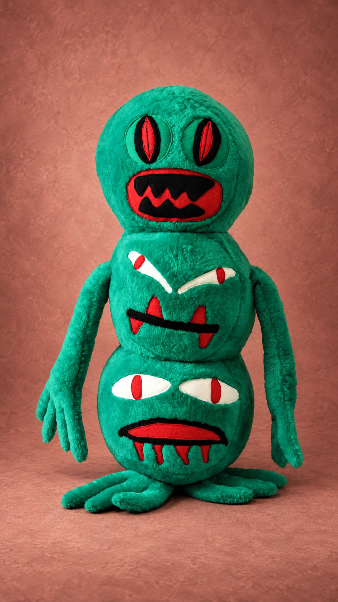 Custom green monster plush shaped like a snowman, red fangs on every face, sewn to order from a drawing