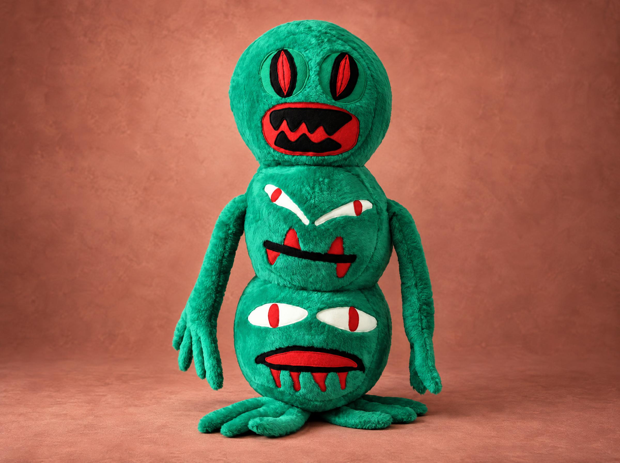 Green snowman monster plush with three angry faces and long arms, handmade to order from a customer's drawing