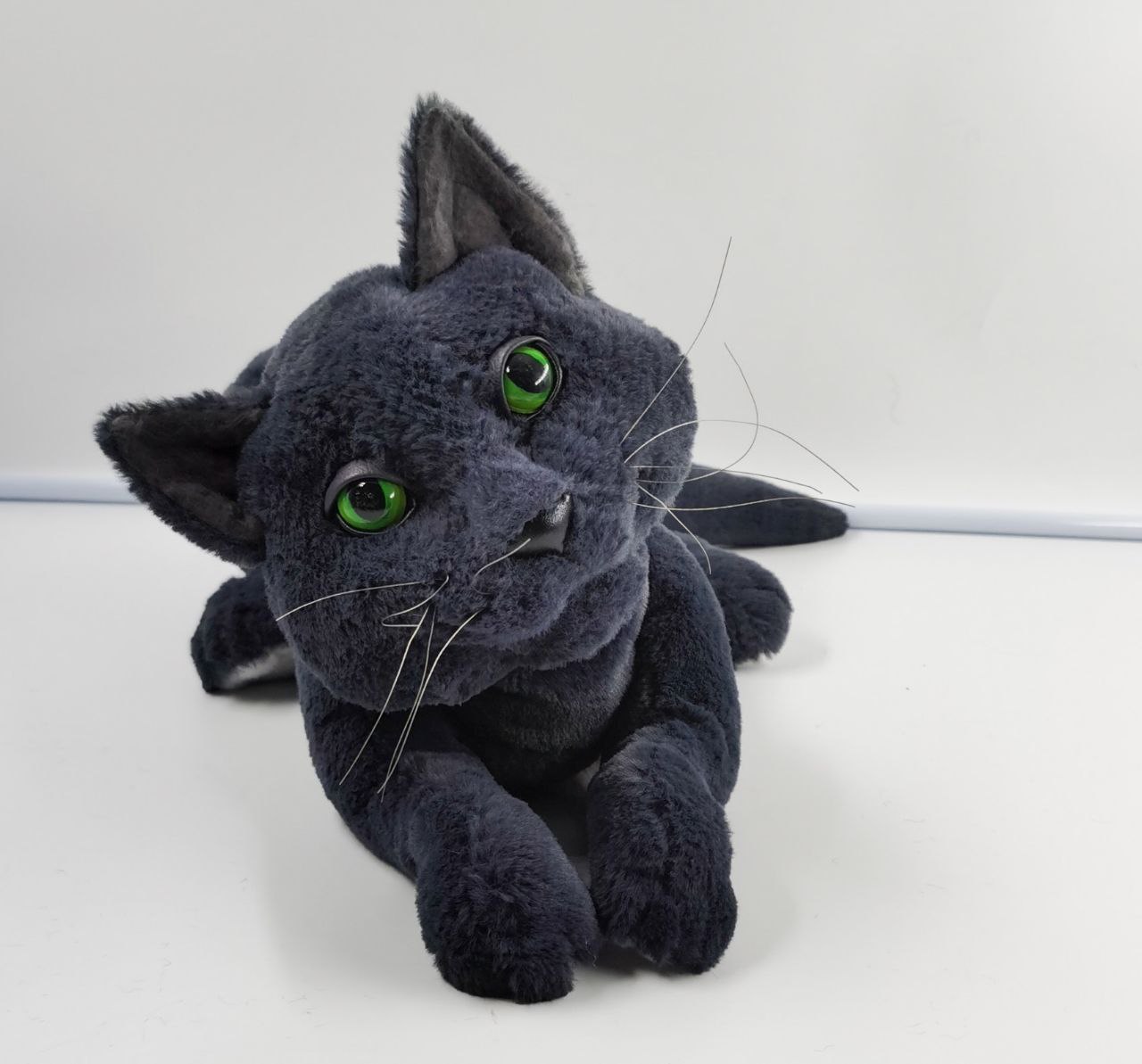 Grey cat plush with green eyes, handmade Grey cat plush with green eyes handmade to order, round face tilted up and long white whiskers
