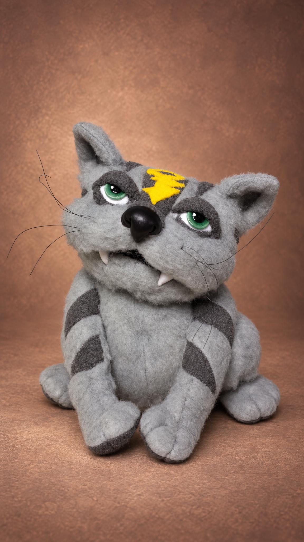 Supercat grey tabby cat plush sitting with his chin up, lightning bolt on his forehead, sewn by hand to order
