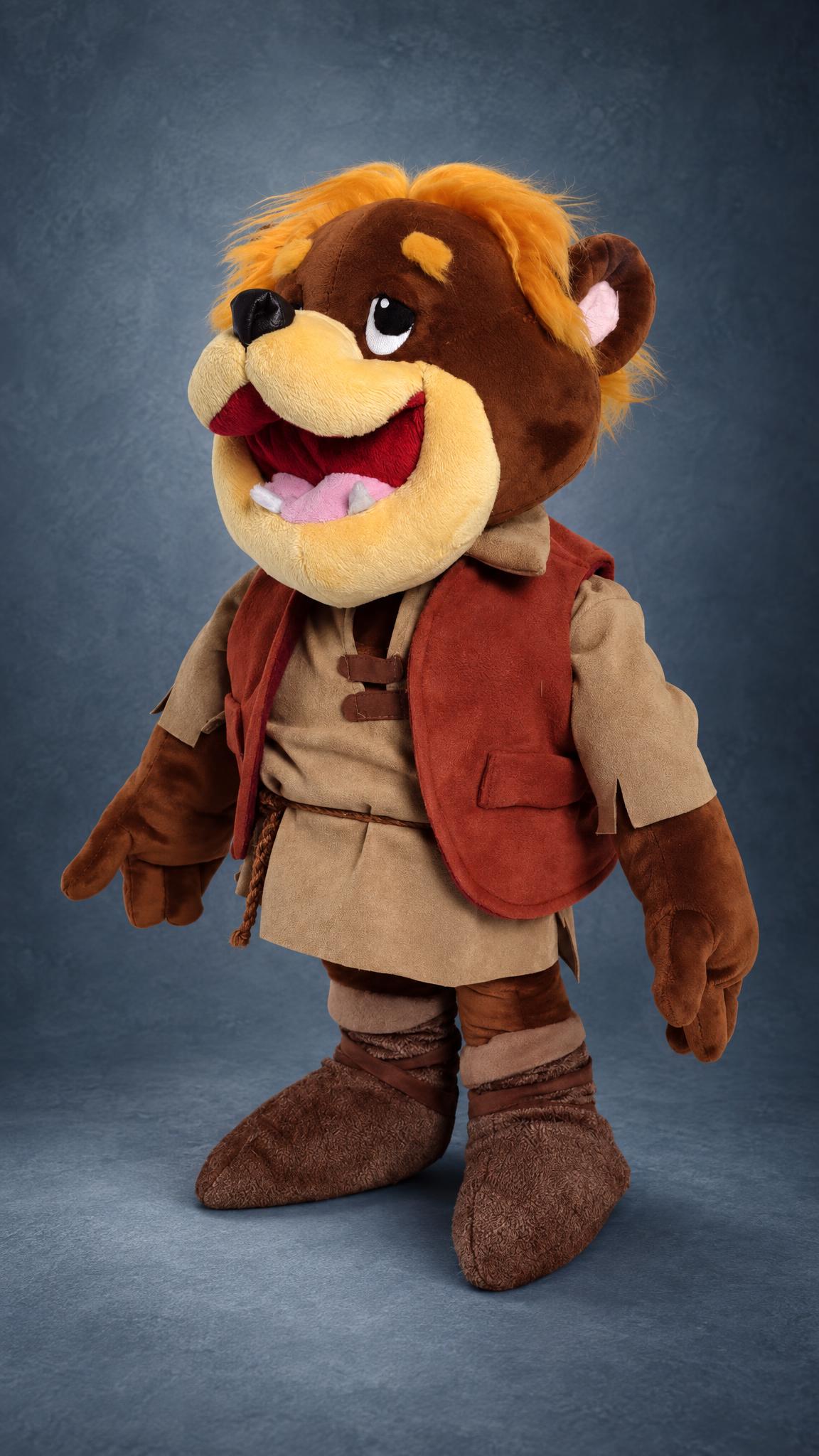 Custom Gruffi Gummi plush with orange hair, open grin and rust-red vest, Gummi Bears cartoon bear sewn to order