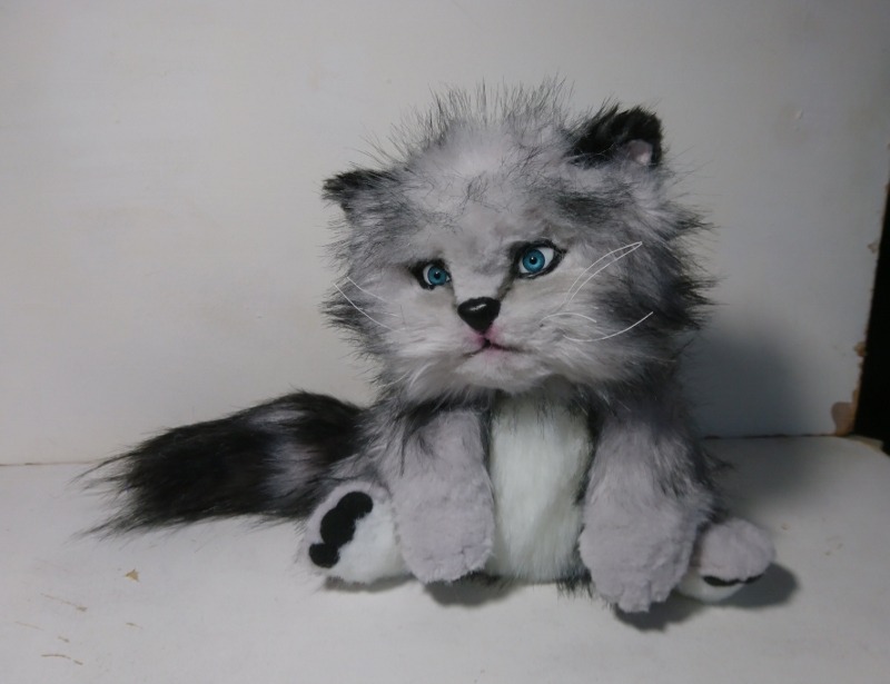 Grumpy grey kitten plush, 2018 Grumpy kitten plush, fluffy grey and white faux fur, blue eyes and a frown, sitting, custom cat plush to order