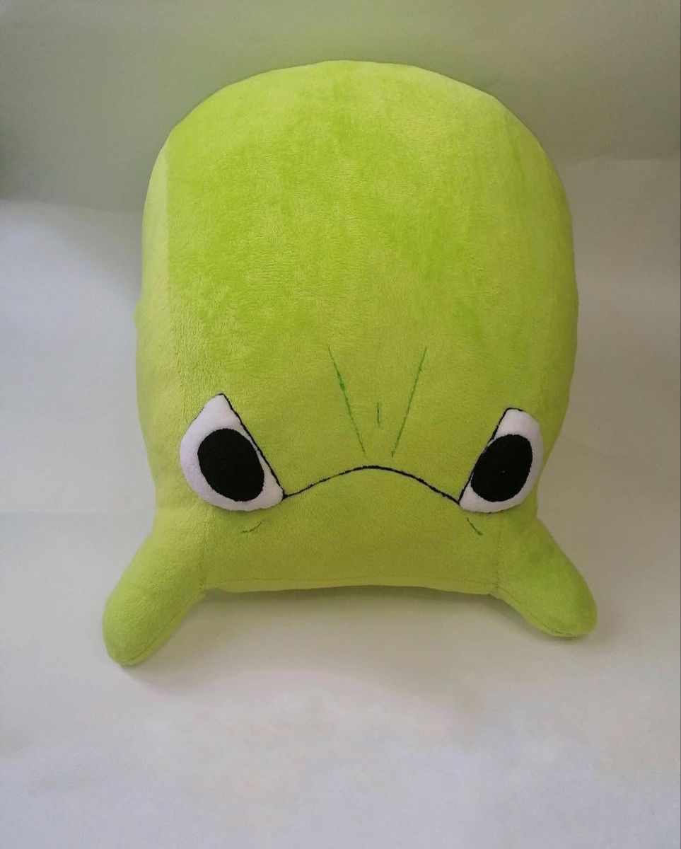 Lime-green toad plush from a messenger sticker Lime-green toad plush with angry brows and green frown stitches, custom frog sticker toy handmade to order