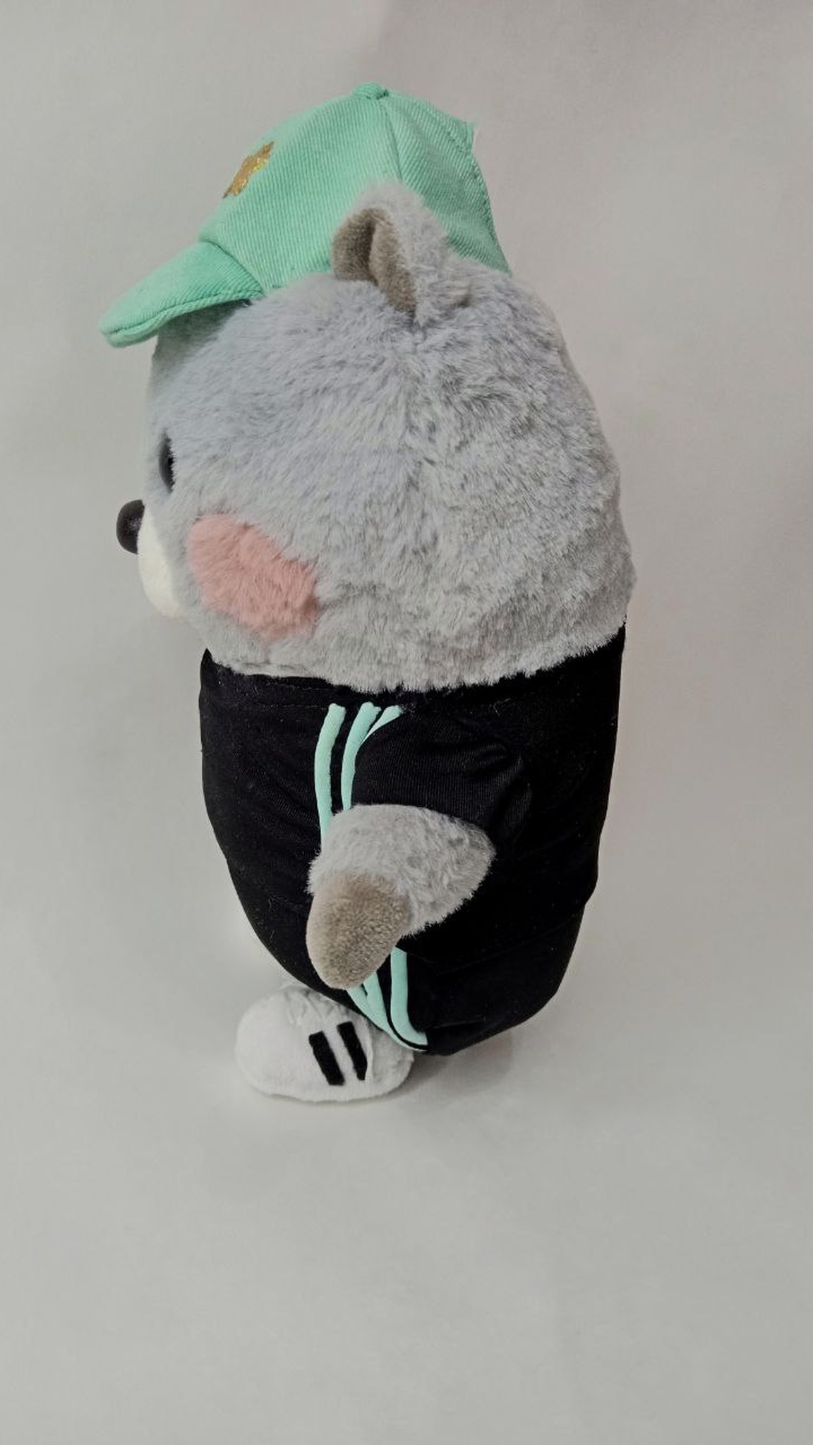 Hamster plush in a tracksuit, handmade to order: round gray faux fur back, small ears and a mint baseball cap