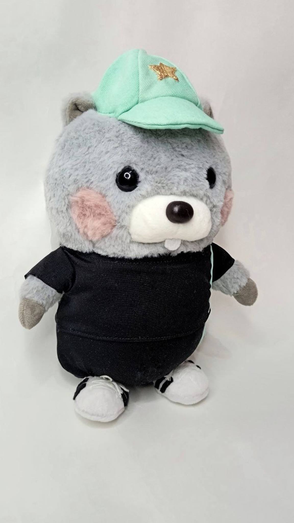 Handmade hamster stuffed animal, made to order: buck teeth, fuzzy pink cheeks, black tracksuit and star cap