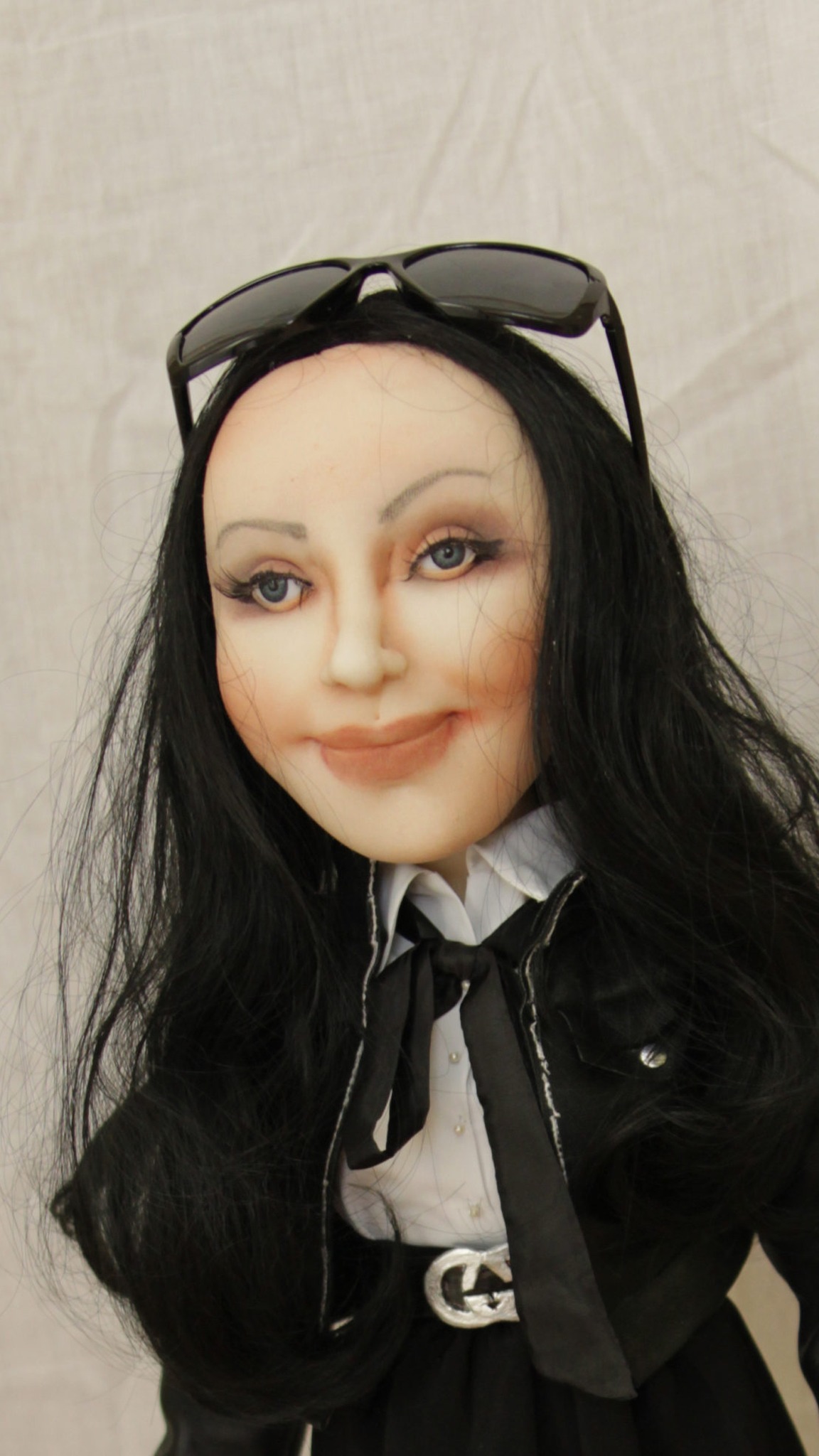 Hand-painted birthday doll from a photo: black hair, sunglasses pushed up, faux-leather jacket and tie, handmade