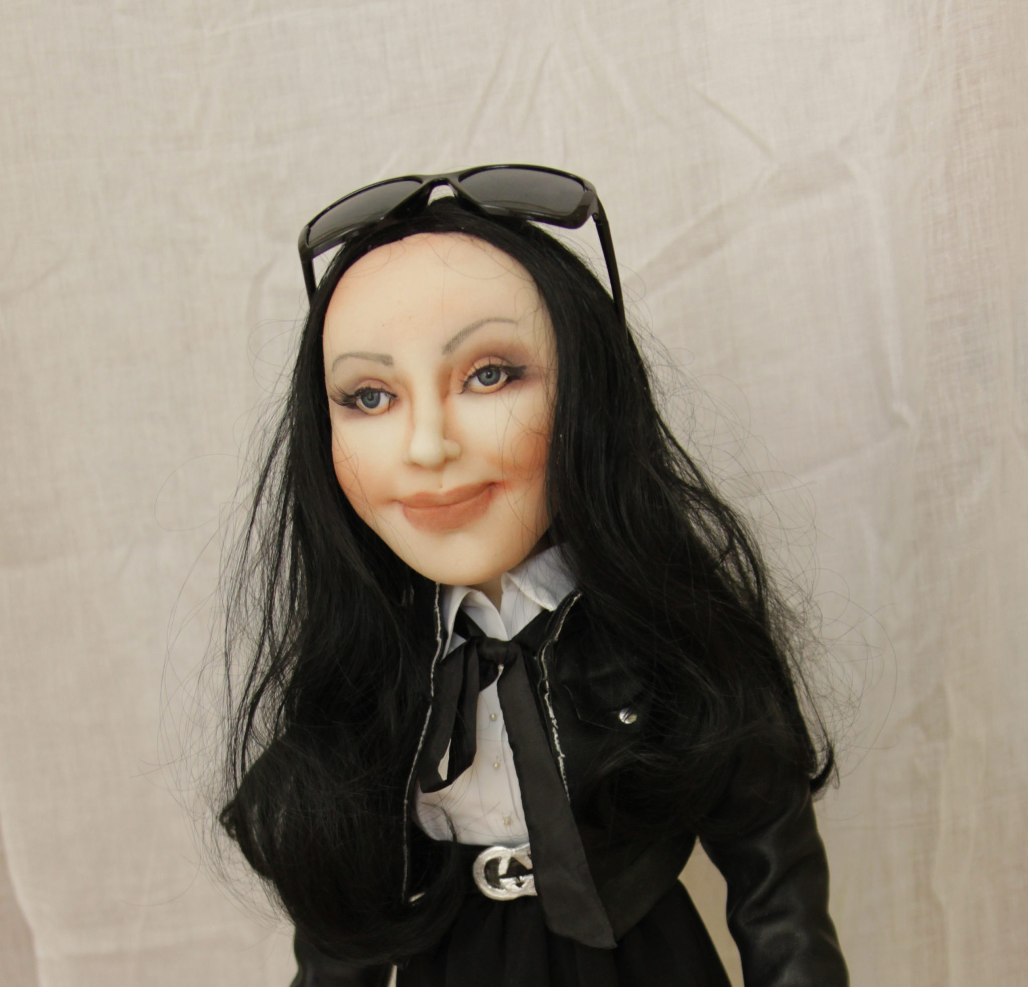 Hand-painted birthday doll made from a photo Hand-painted birthday doll from a photo: black hair, sunglasses pushed up, faux-leather jacket and tie, handmade