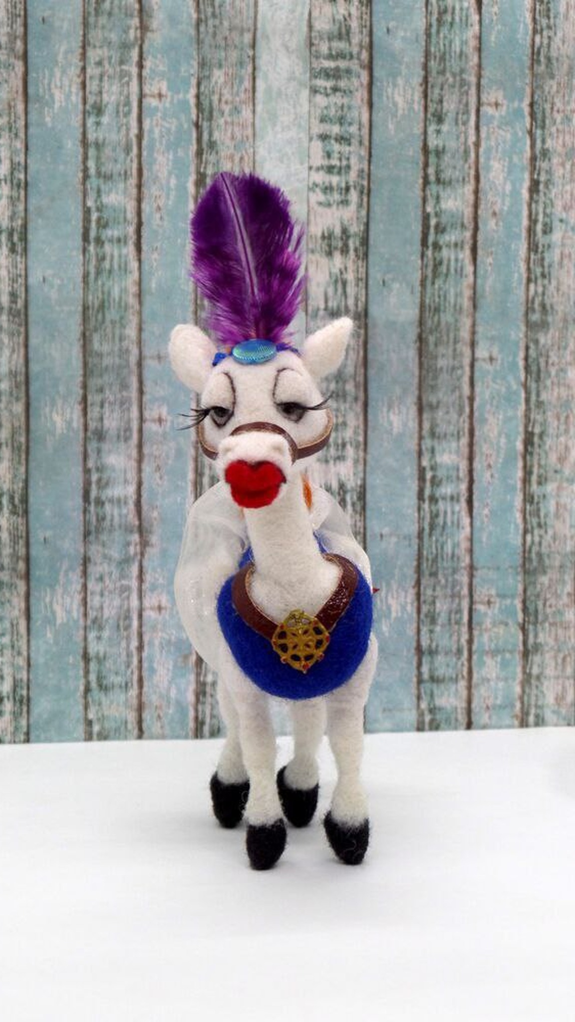 Handmade horse plush Angela from a Soviet cartoon, made to order with red lips, bridle and a blue jewel band
