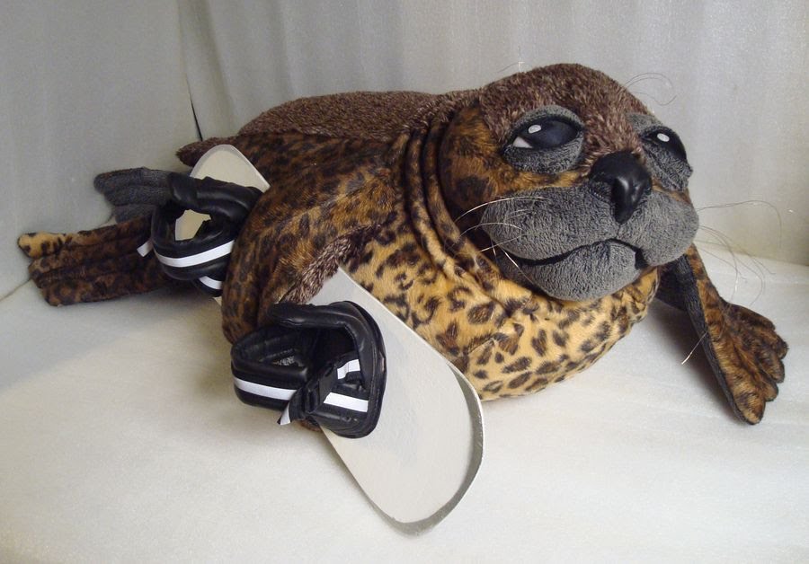 Handmade seal plush, a gift for a boyfriend Handmade seal plush gift for a boyfriend, made to order: spotted faux fur, black and white snowboard bindings