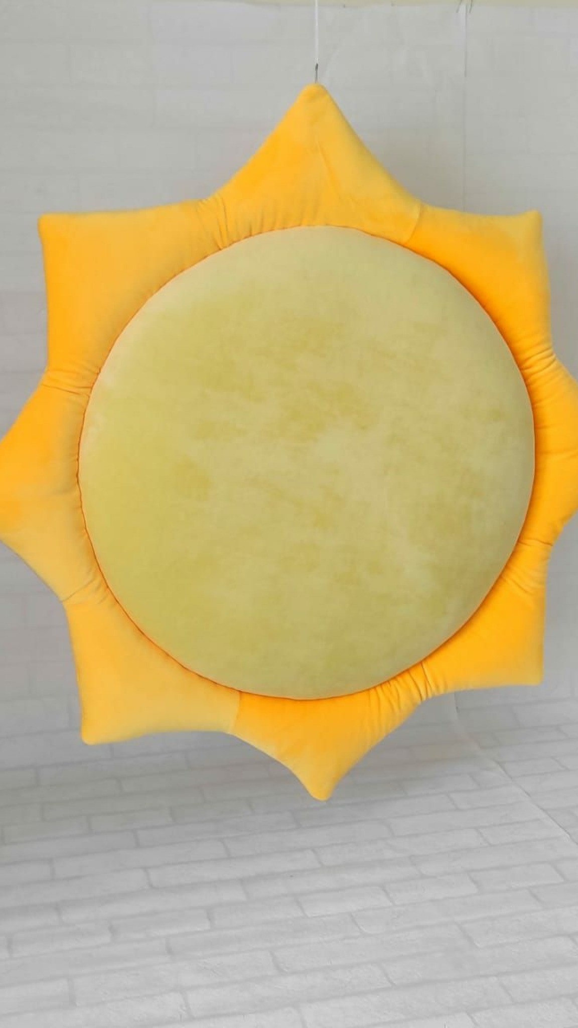 Hanging sun plush with orange-yellow rays, soft decor sewn to order from a brand's design file