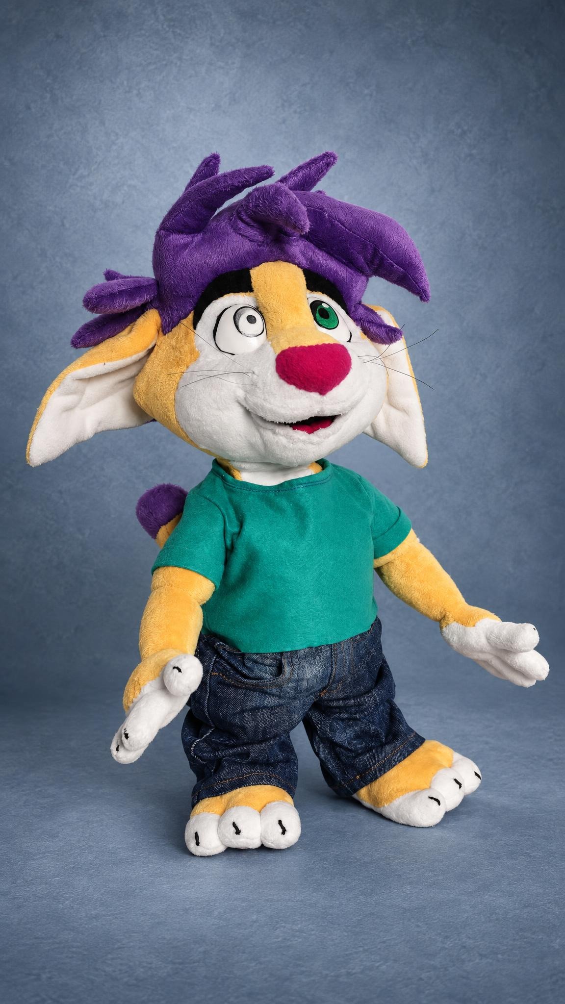 Hipster fox plush sewn to order: odd eyes, pink nose, spiky purple hair, teal tee and jeans, standing