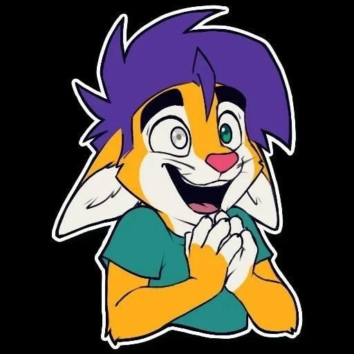Sticker reference for the hipster fox plush Messenger sticker this furry fox plush was made from: yellow fox with purple hair grinning, hands clasped