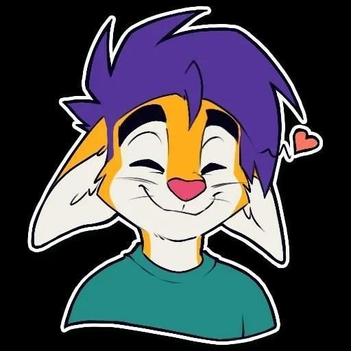 Hipster fox sticker reference with a heart Sticker reference for the hipster fox plush: yellow fox with purple hair smiling, eyes shut, little heart