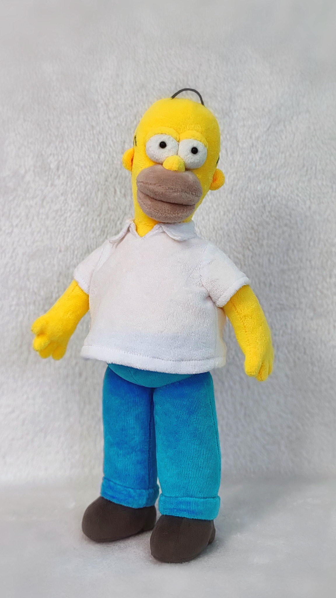 Homer Simpson doll in a white collared shirt and blue pants, soft all-fabric Simpsons plush made to order