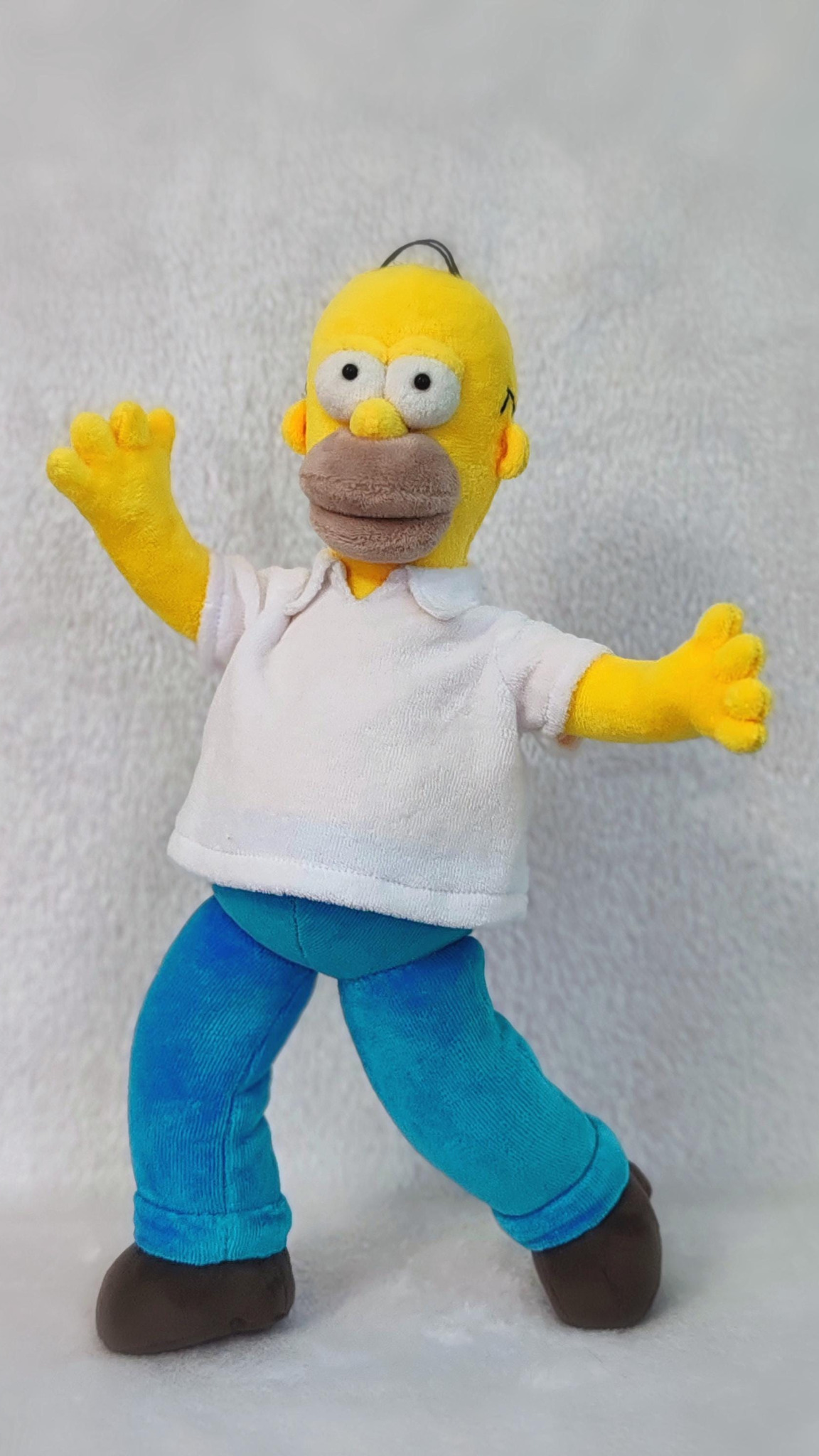 Custom Homer Simpson plush with four-fingered yellow hands and rolled-up blue pants, made to order