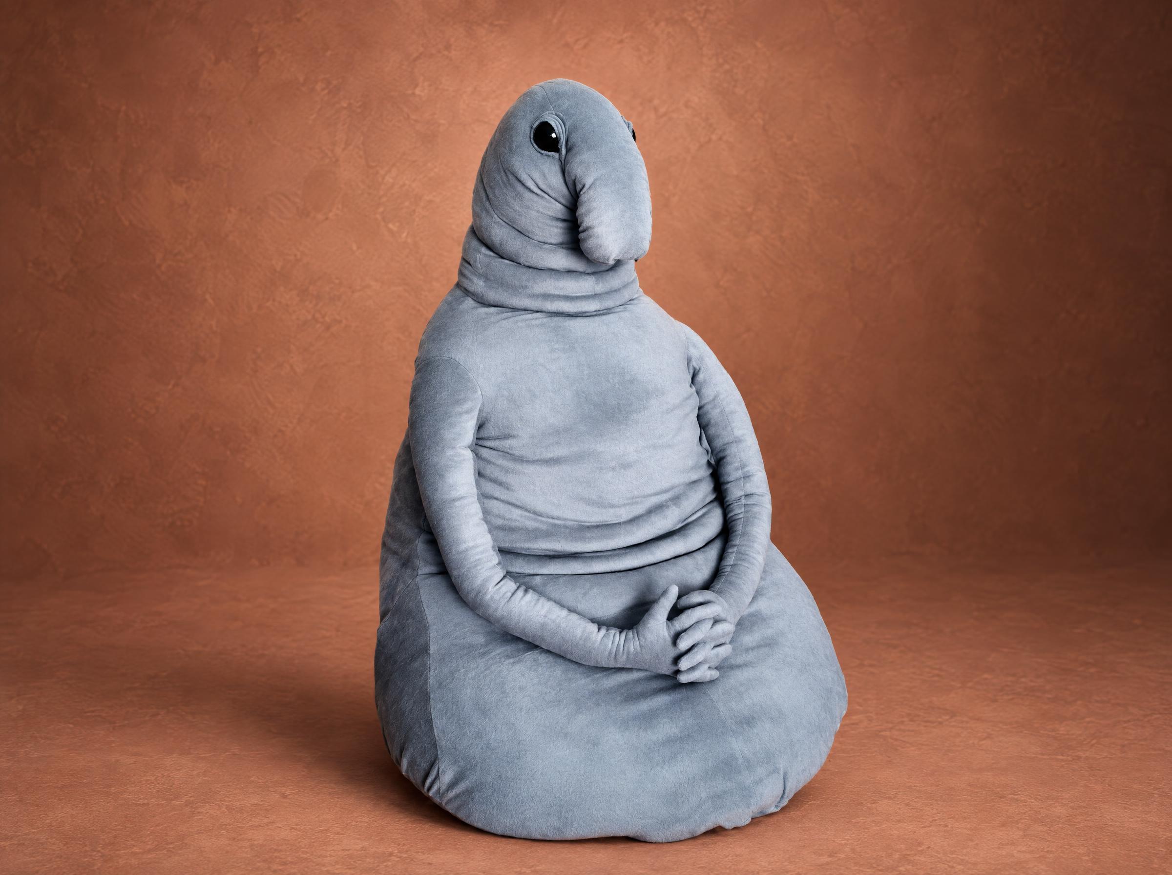 Homunculus loxodontus plush pouf, blue-gray Zhdun with clasped hands and a long nose, handmade to order