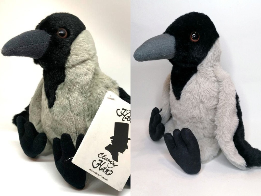 Original crow toy and our hooded crow plush copy Original crow toy beside our handmade hooded crow plush copy, made to order from the customer's toy