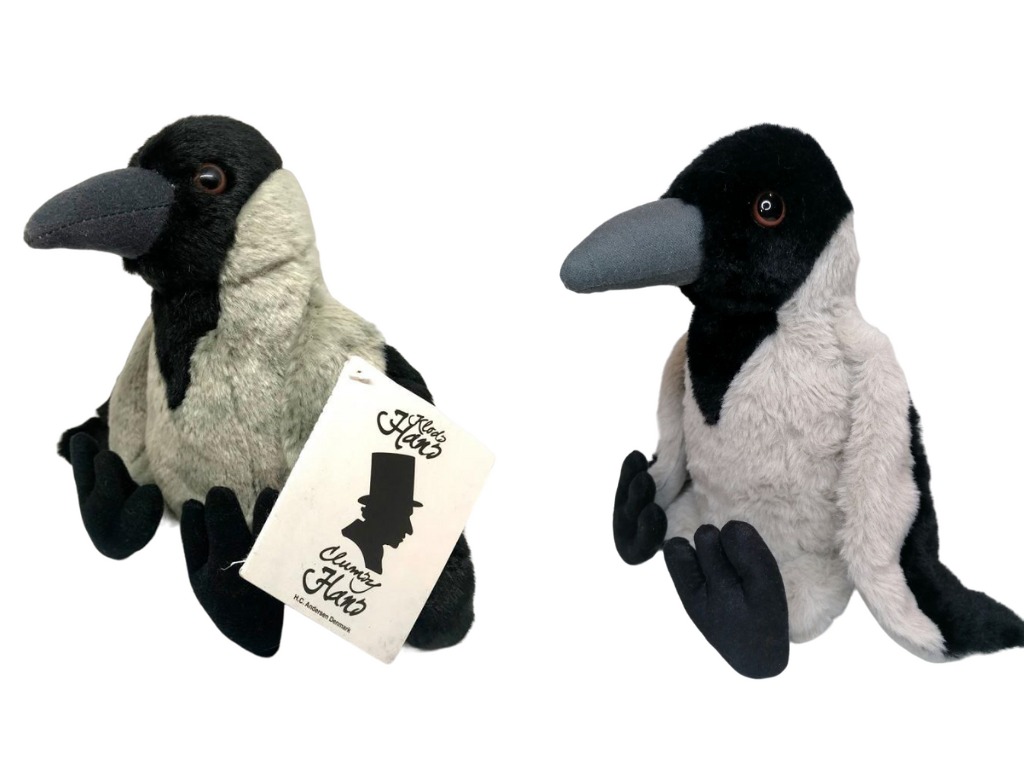 Customer's original crow toy and the duplicate hooded crow plush we sewed by hand to order