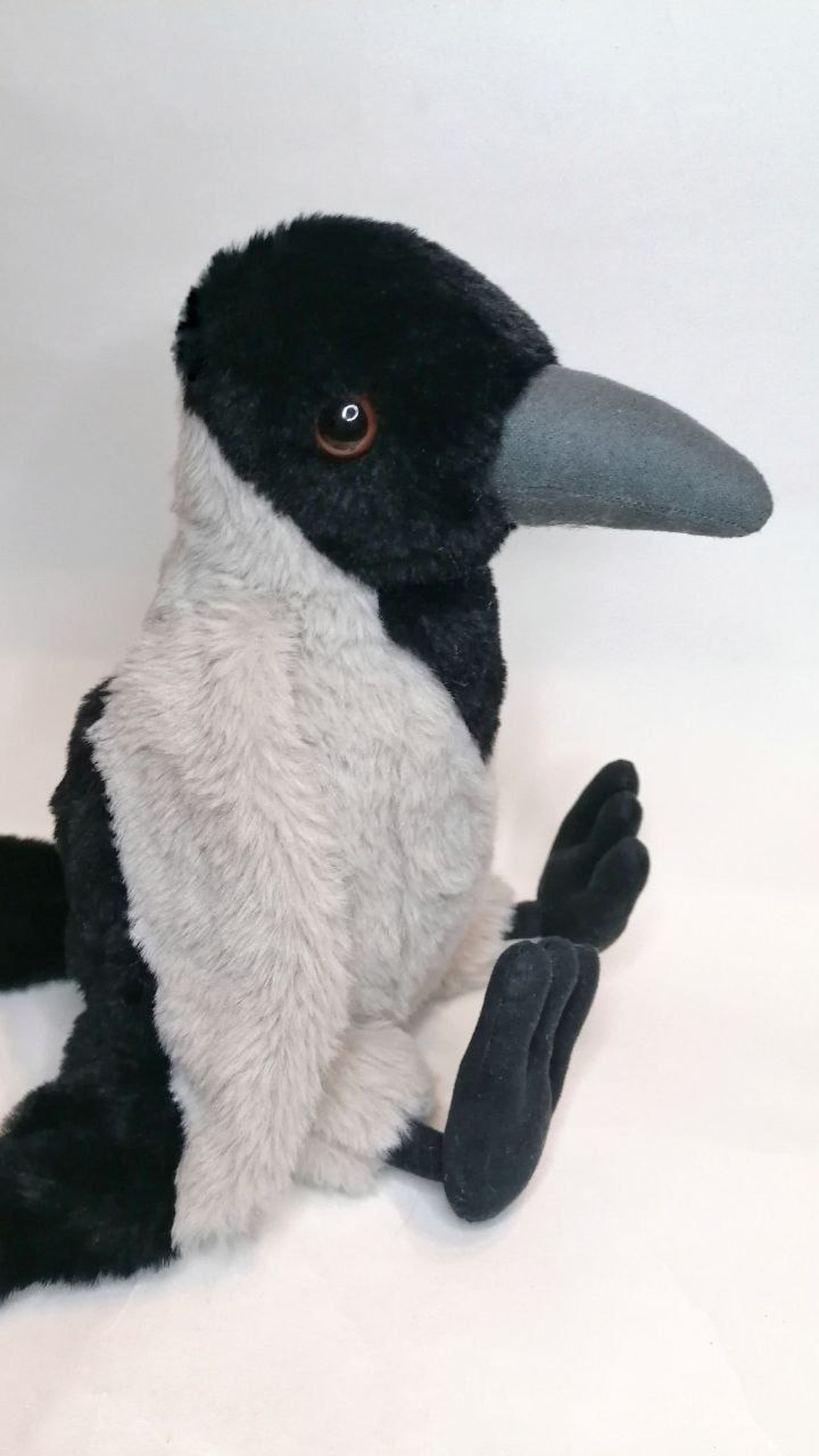 Hooded crow plush with a grey faux fur chest, black tail and long fabric beak, made to order