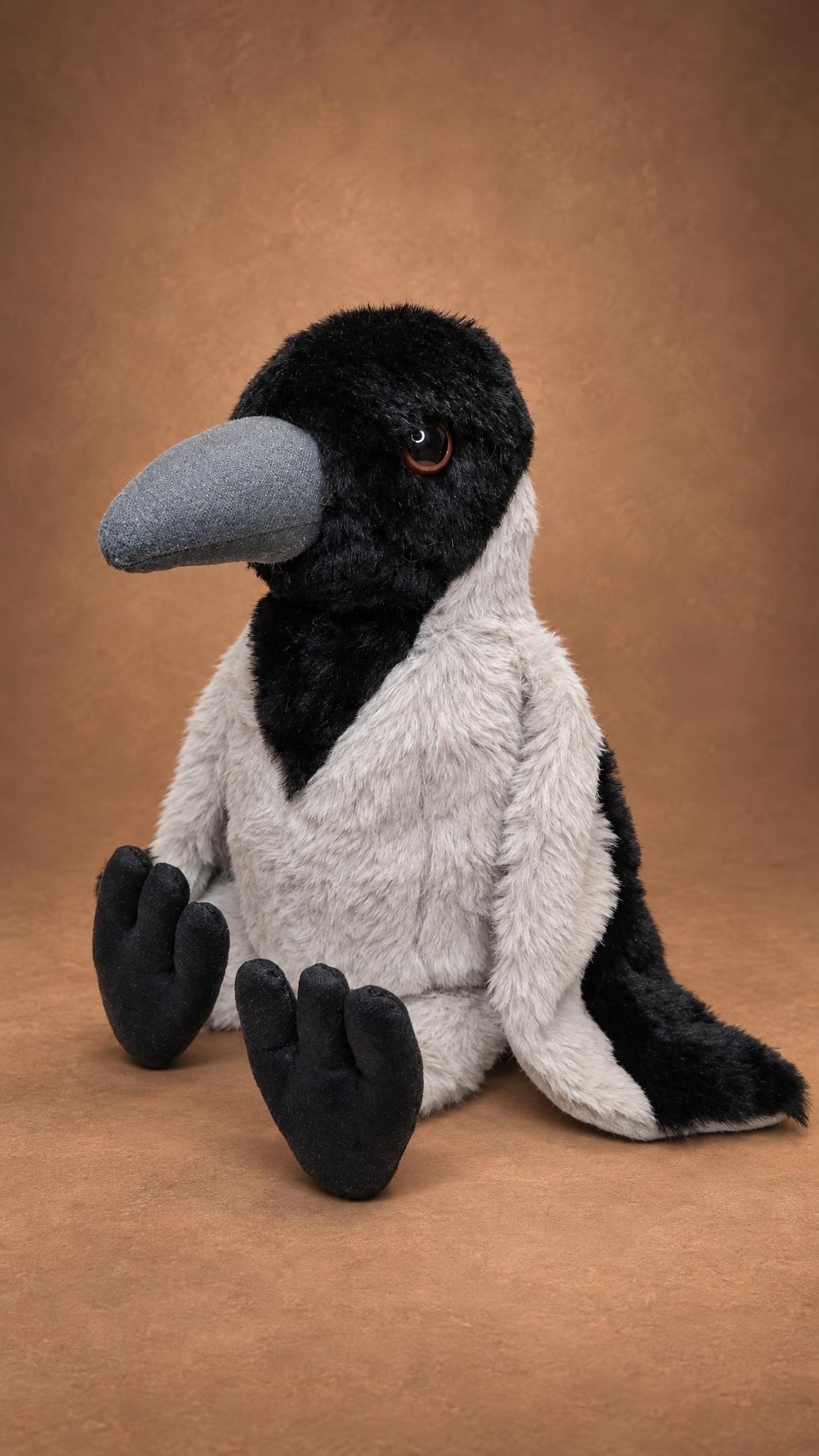 Custom hooded crow plush with a black hood and bib, grey body and big black feet, handmade to order