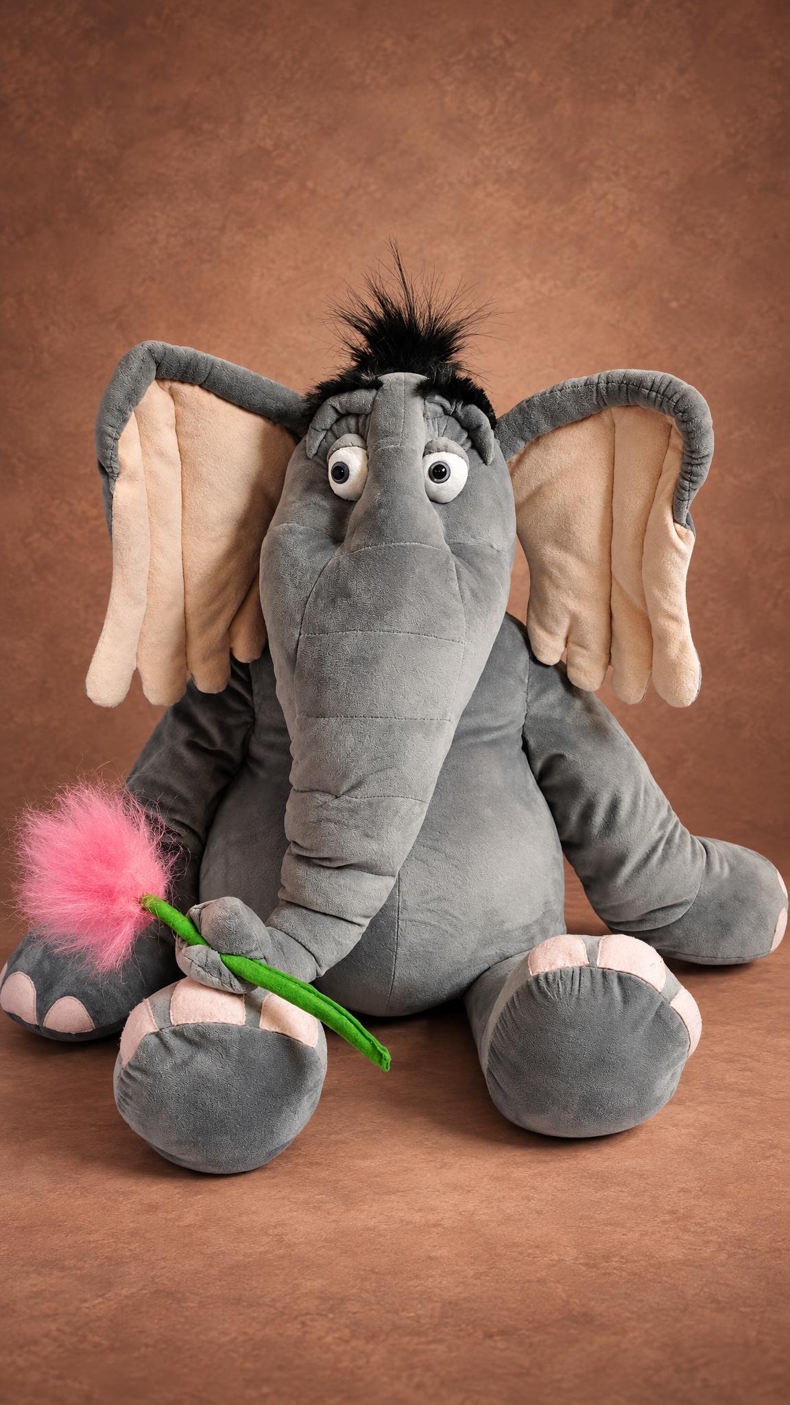 Custom Horton the elephant plush with scalloped pink ears and a faux fur clover, sewn by hand to order