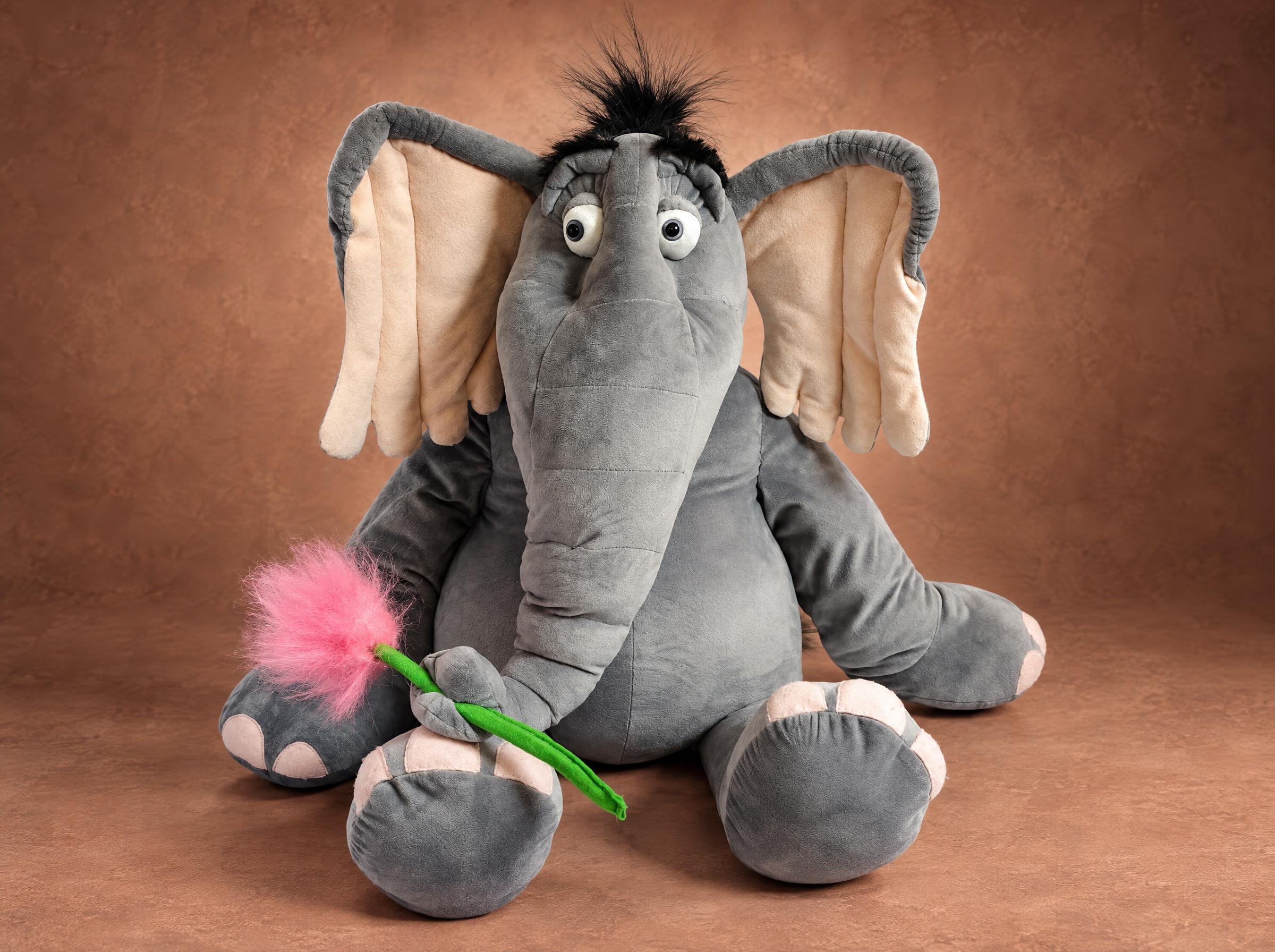 Horton plush from Horton Hears a Who!, a grey elephant holding a pink clover in his trunk, handmade to order