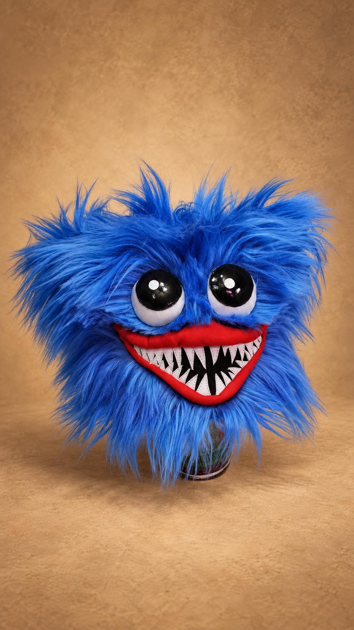 Wearable Huggy Wuggy plush hat with red lips and stitched white teeth, custom made for a Poppy Playtime fan