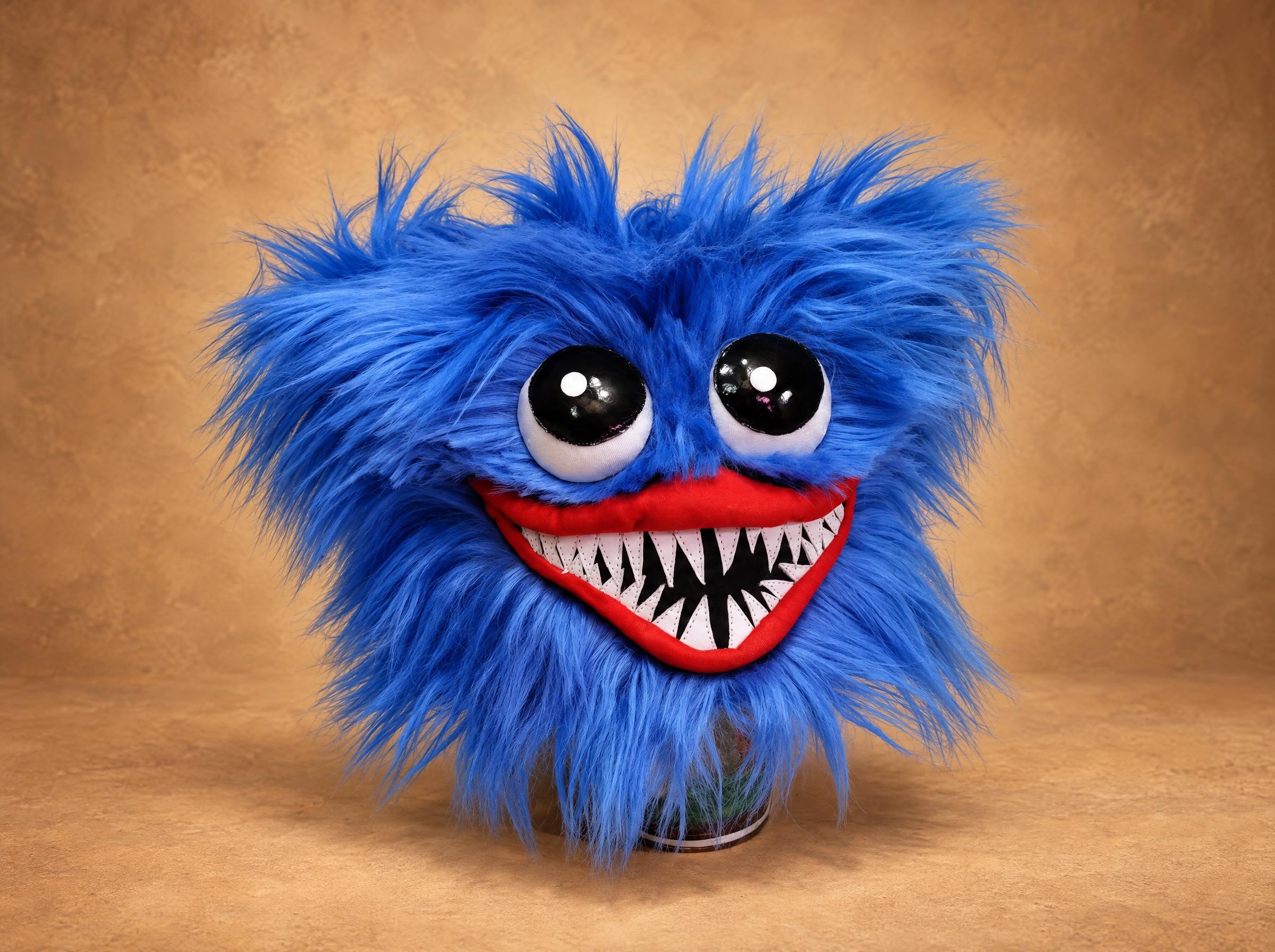 Huggy Wuggy hat in shaggy blue faux fur with glossy black eyes and a red toothy grin, handmade to order