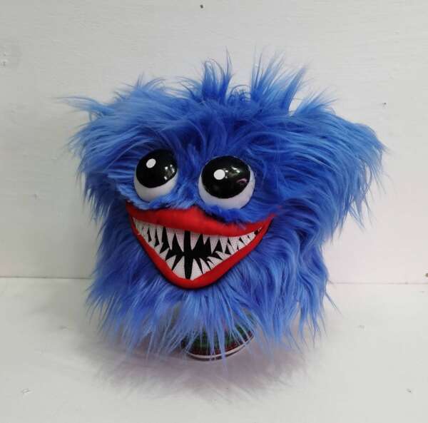 Huggy Wuggy plush hat with red lips and white zigzag teeth on a black mouth, blue faux fur, made to order