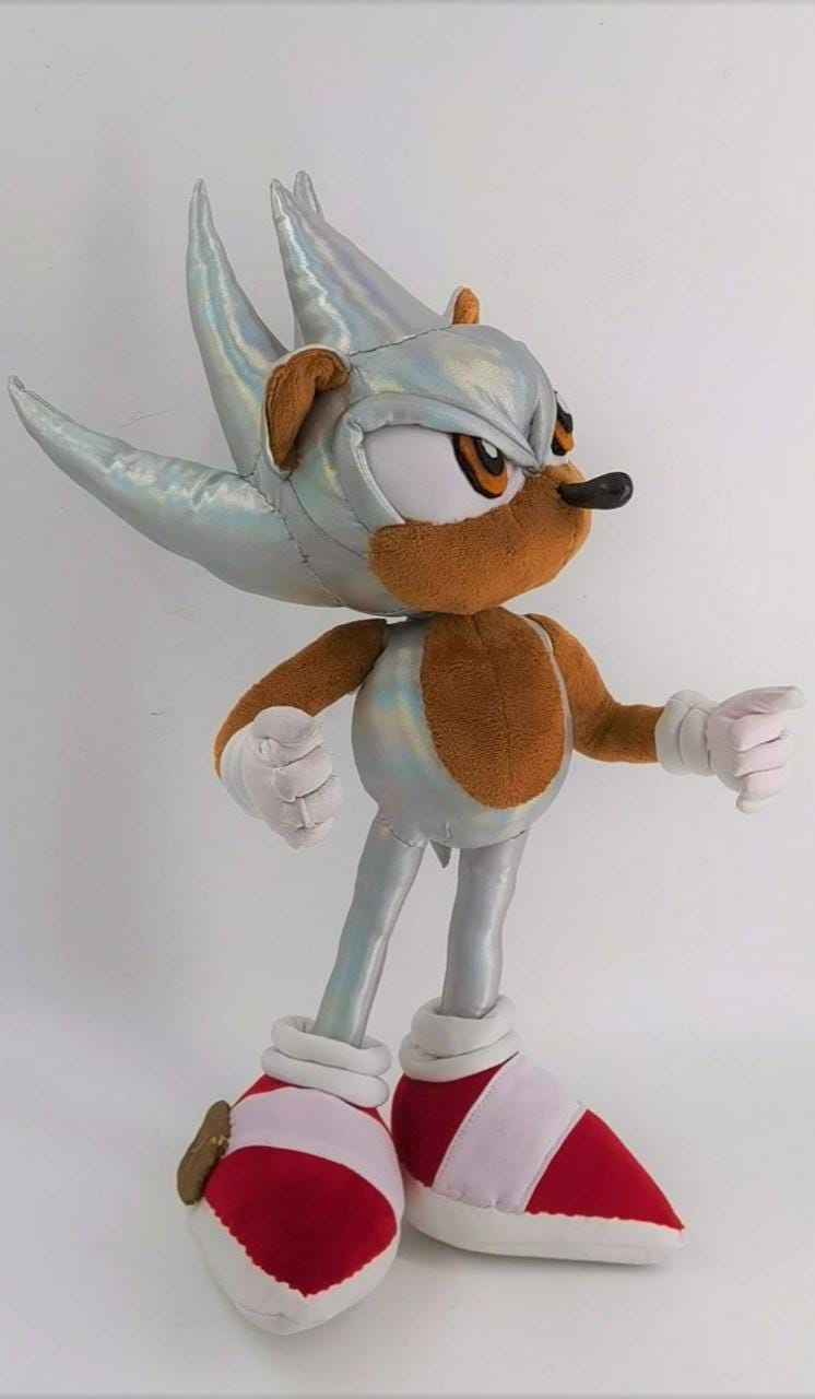 Hyper Sonic plush, made to order Custom Hyper Sonic plush in holographic silver with tan arms and red shoes, a Sonic fan plush made to order
