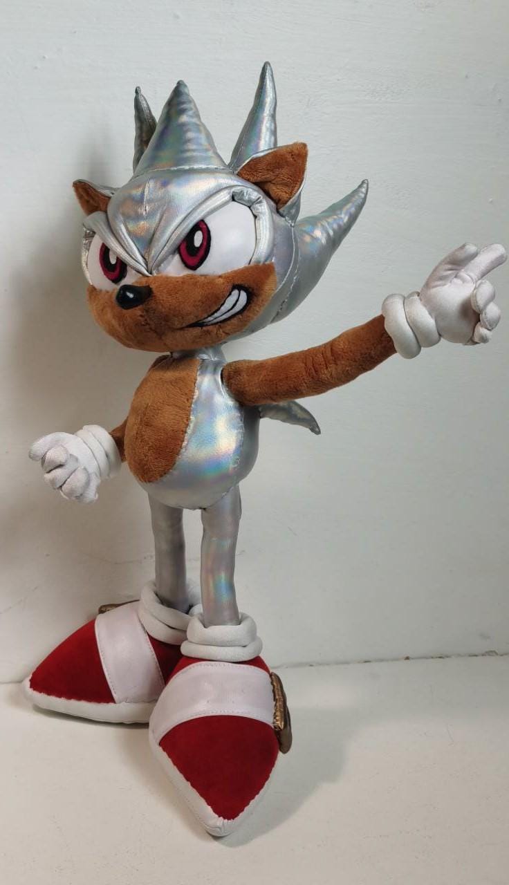 Hyper Sonic plushie, handmade Handmade Hyper Sonic plushie pointing with one white glove, silver quills and red sneakers, made to order