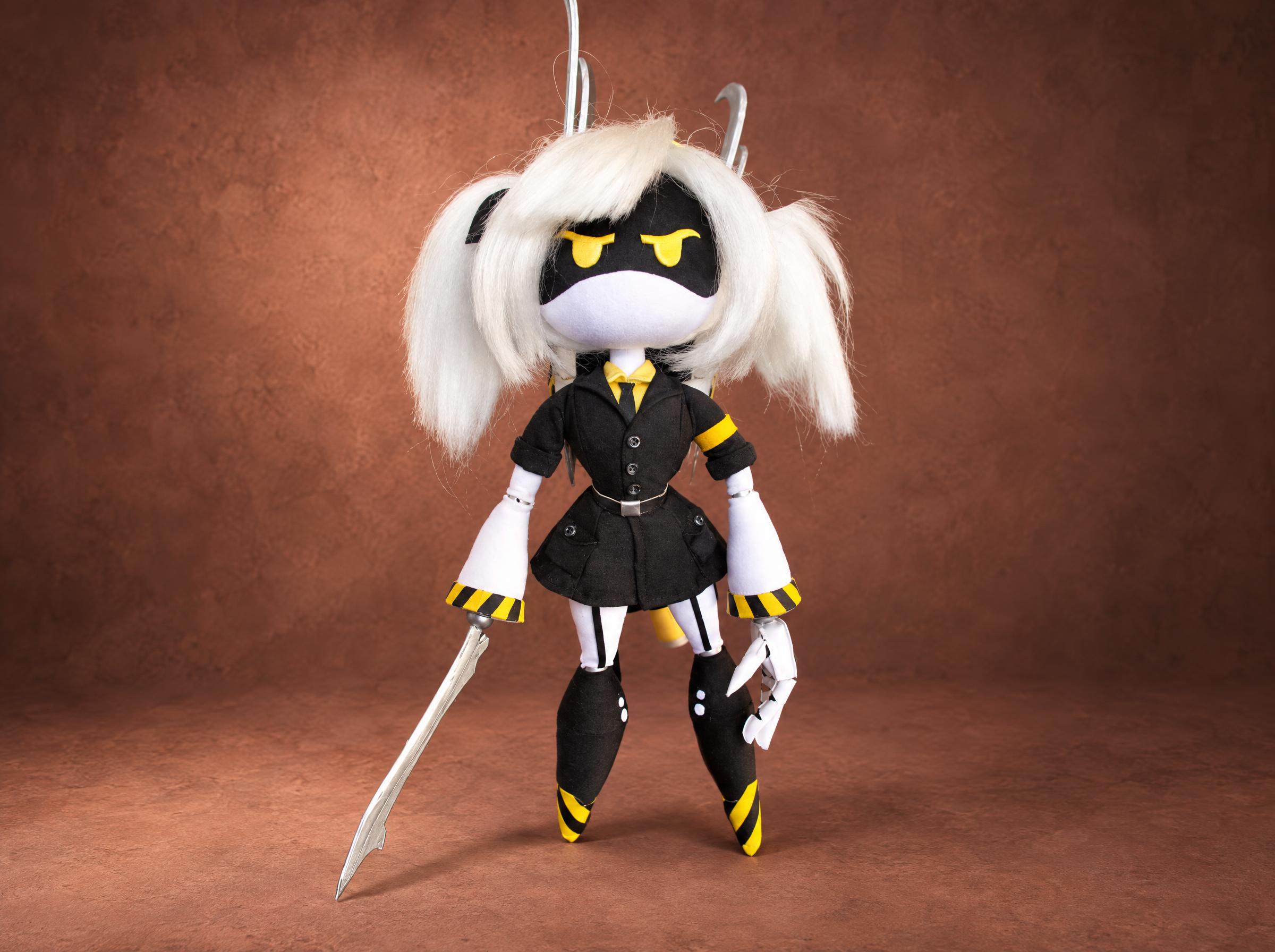 Murder Drones J plush doll with white pigtails, yellow eyes, black uniform and a sword, handmade to order