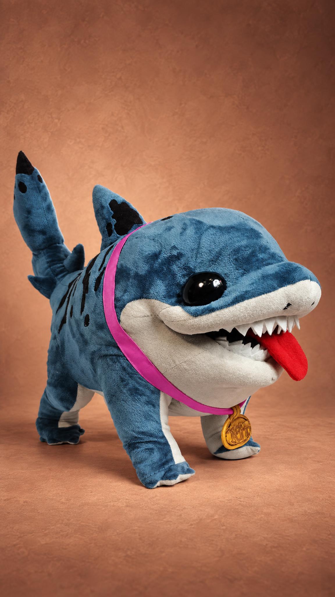 Custom Jeff the Land Shark plush standing on four paws, big black eyes and toothy grin, sewn by hand to order