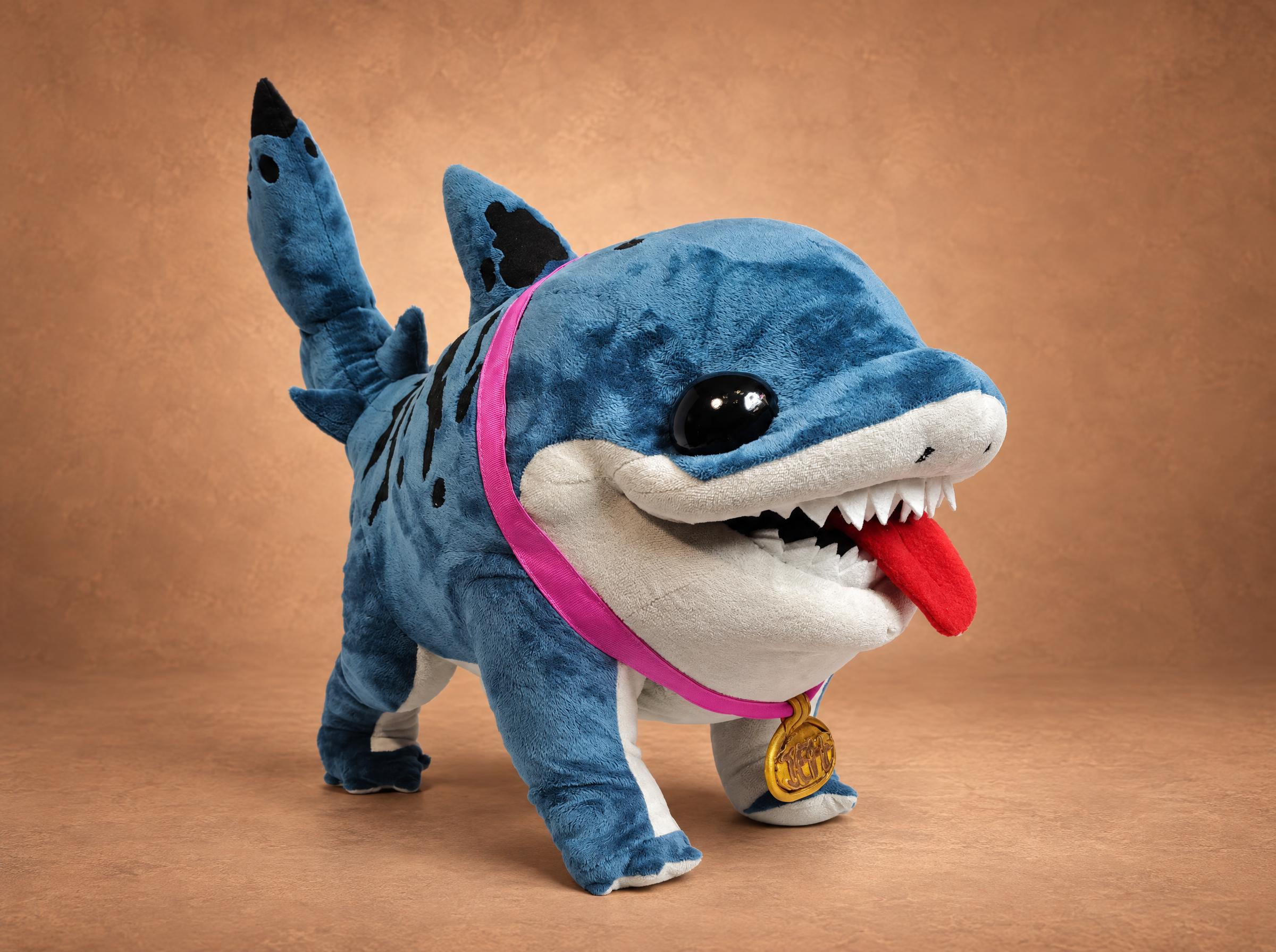 Jeff the Land Shark plush from Marvel Rivals with pink collar, gold medal and red tongue, handmade to order