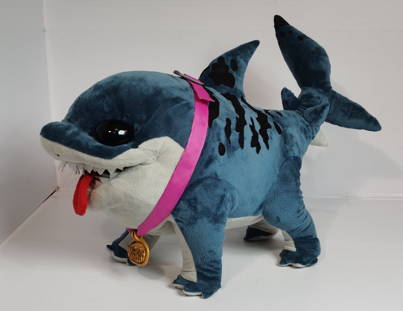 Jeff the Land Shark plush with gold medal Handmade Jeff the Land Shark plush with red tongue out and a gold medal on his pink collar, Marvel toy to order