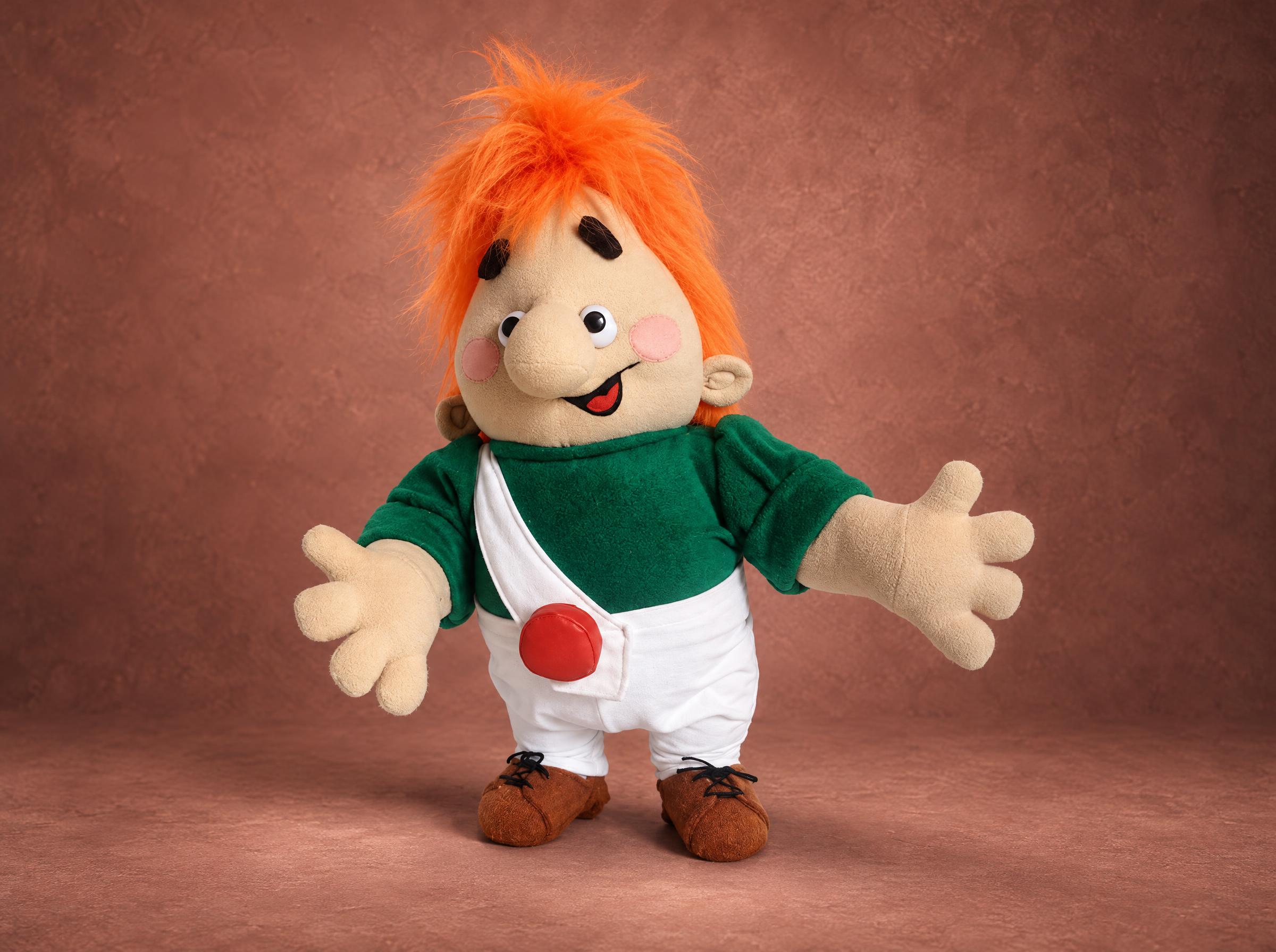 Karlsson-on-the-Roof toy handmade to order: ginger faux fur hair, green sweater, red belly button