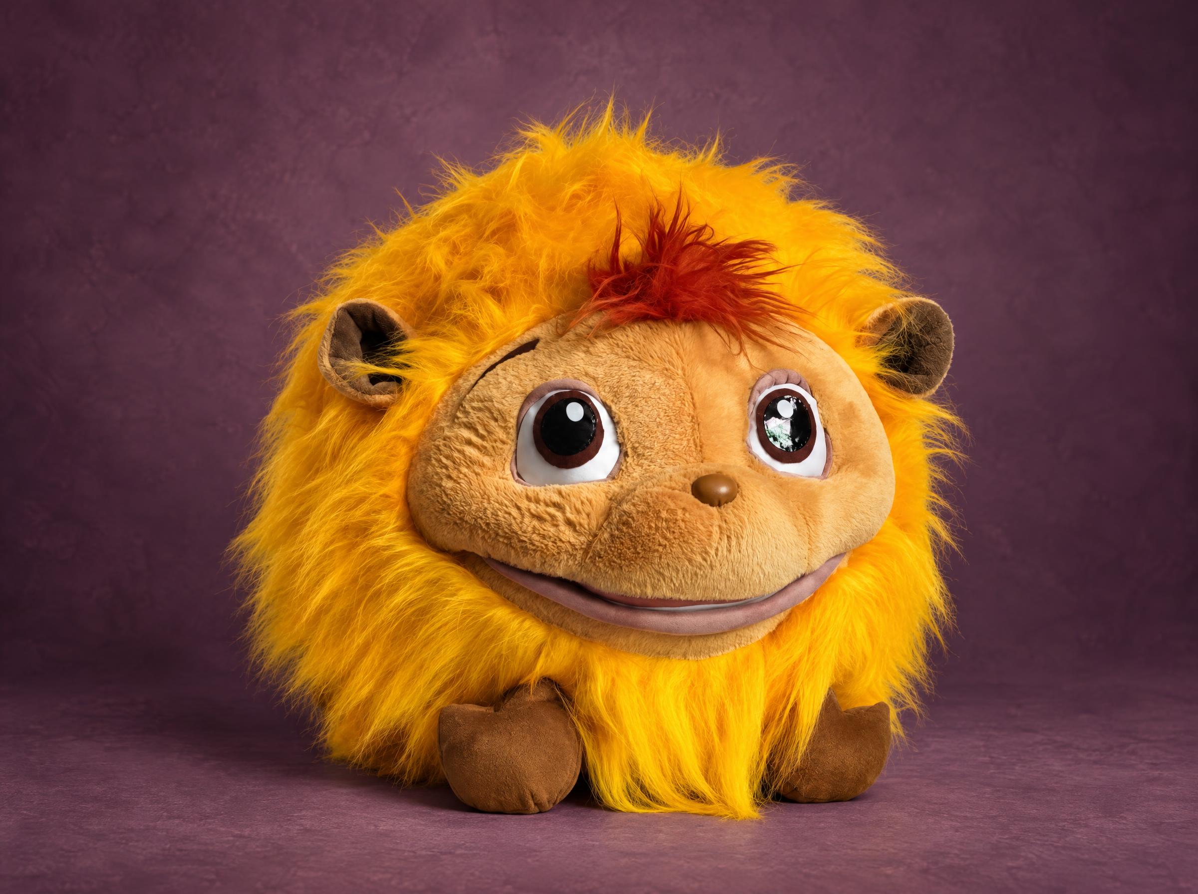 Katie stuffed animal from Horton Hears a Who!, a round yellow faux fur yak with big brown eyes, made to order