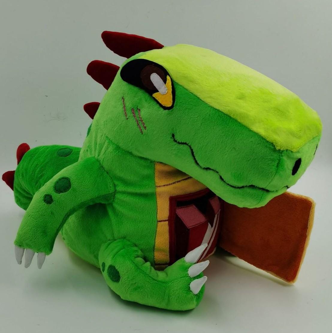 Kawaii dinosaur plush with a shy grin Kawaii dinosaur plush with amber eyes, stitched blush and a wavy grin, holding its heart door, handmade