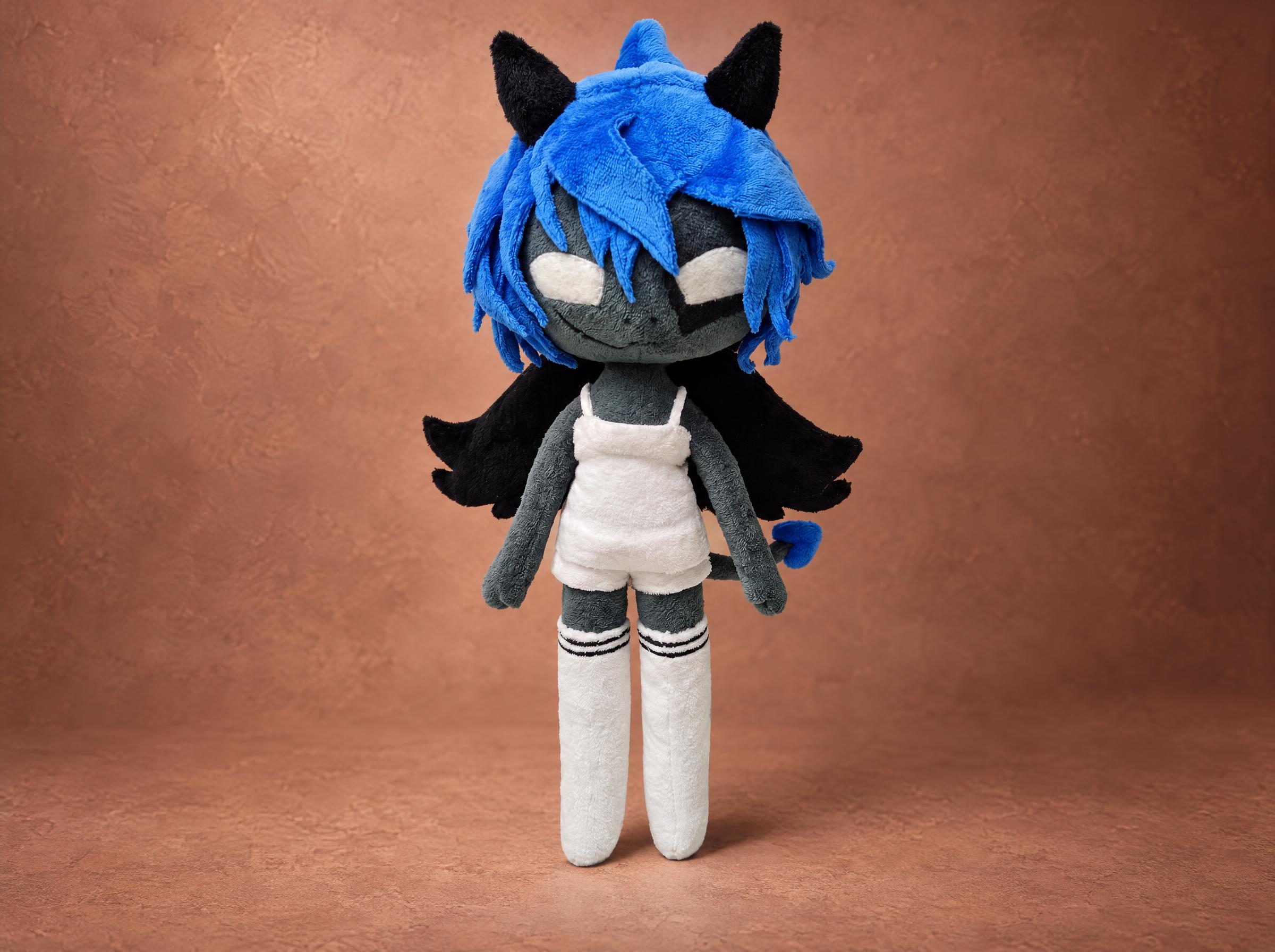 Custom OC doll Kayla, demon girl plush made to order from a drawing: blue hair, black horns and wings