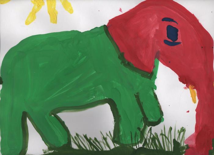 Kid’s painting of a red and green elephant, plush reference Original gouache drawing by a 6-year-old boy: green elephant with a red head, art for his elephant plush