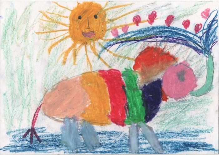 Kid’s crayon drawing of a striped elephant, plush reference Original crayon drawing by a 6-year-old girl: striped elephant under a rainbow, art for her elephant plush